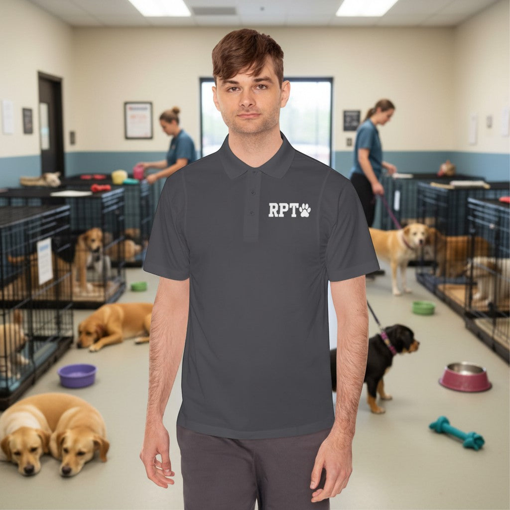 Ruff Part of Town dark grey 100% polyester men's short-sleeve polo shirt with RPT paw logo on chest.