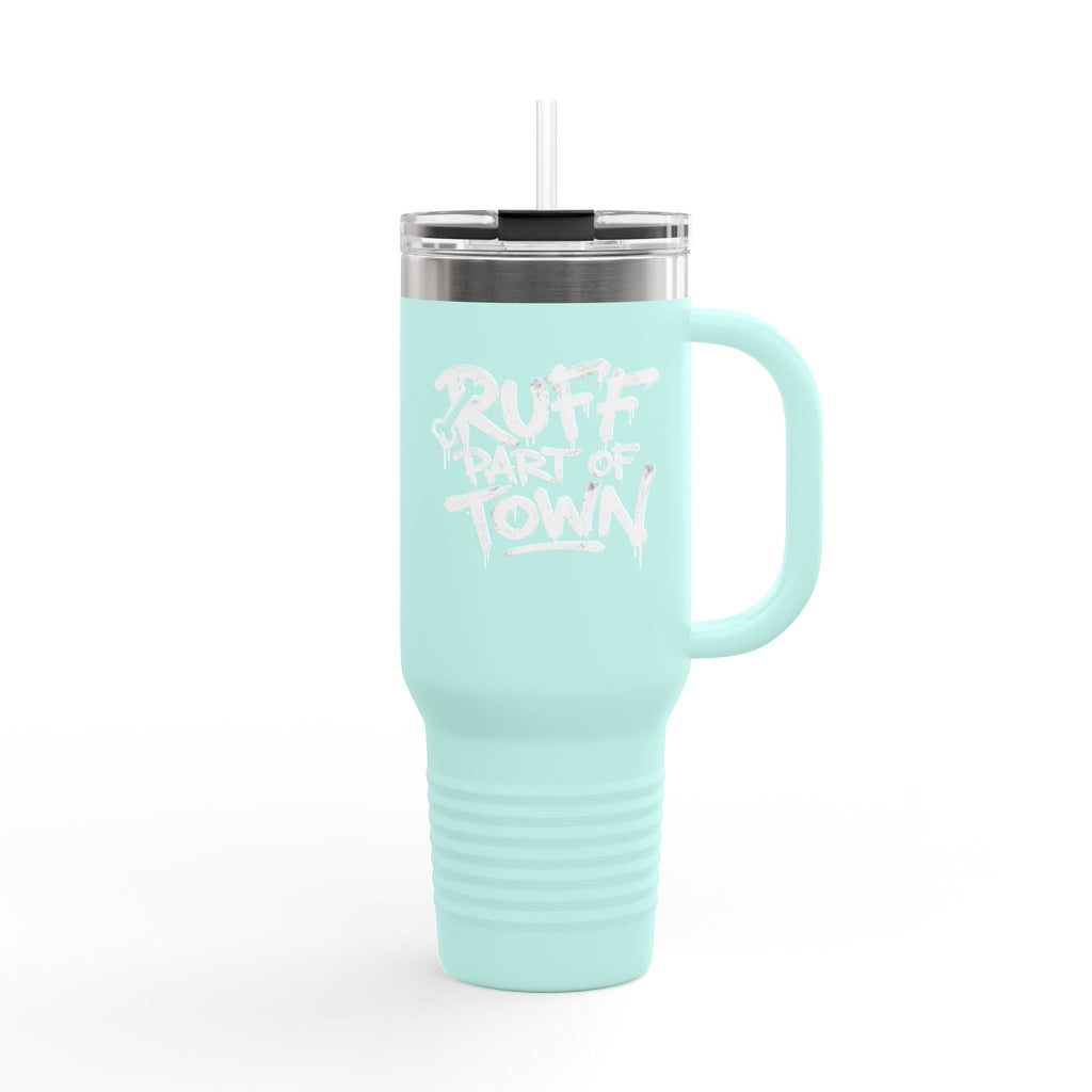 Ruff Part of Town 40oz insulated travel mug in mint green with a white graphic and straw. Stainless steel.