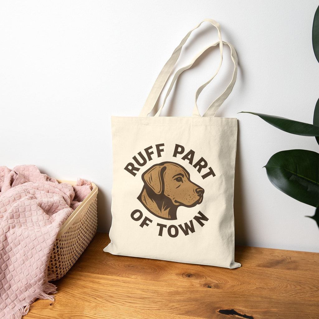 Ruff Part of Town natural cotton canvas tote bag with dog illustration and text.