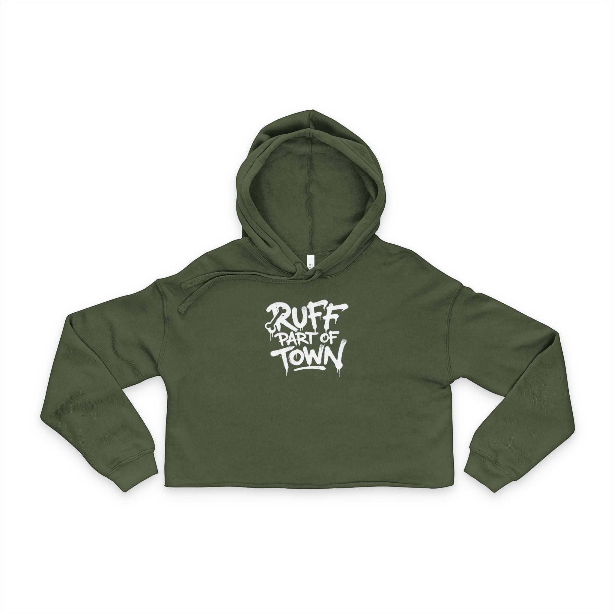 Ruff Part of Town olive green cropped hoodie with white graffiti logo, raw hem, and drawstrings. Made of cotton-poly fleece.