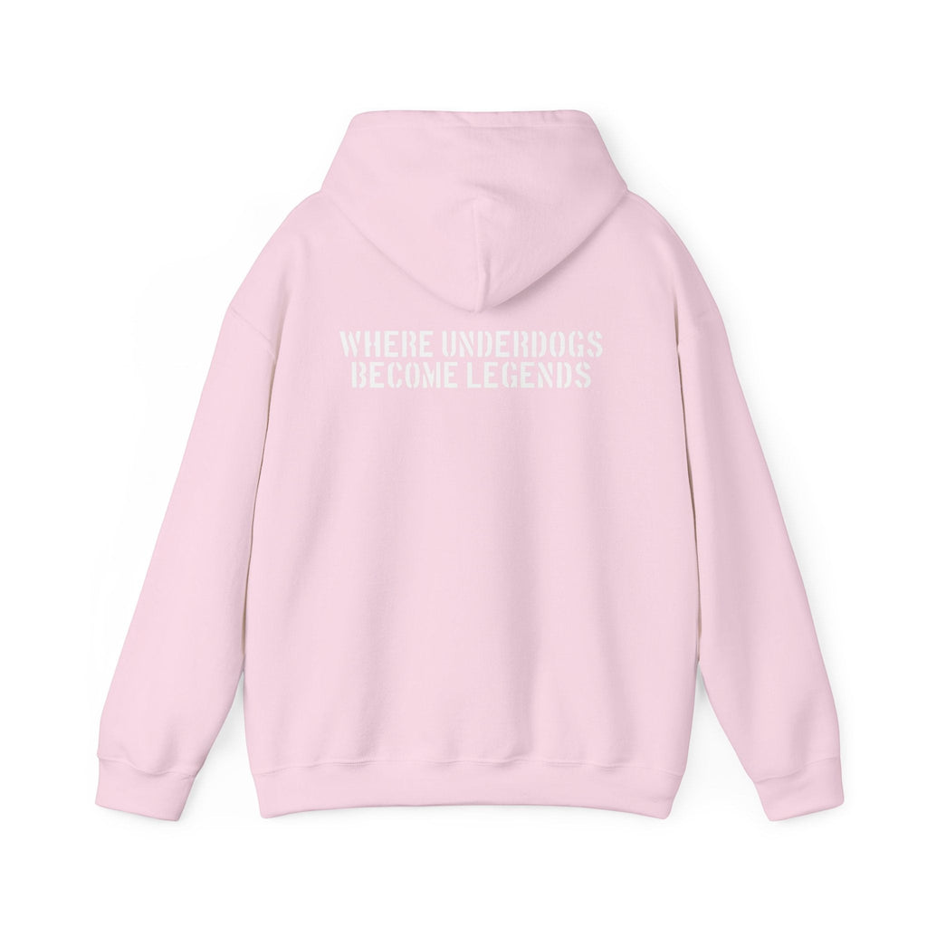Ruff Part of Town light pink 50/50 cotton-poly blend hoodie with "WHERE UNDERDOGS BECOME LEGENDS" text on back.
