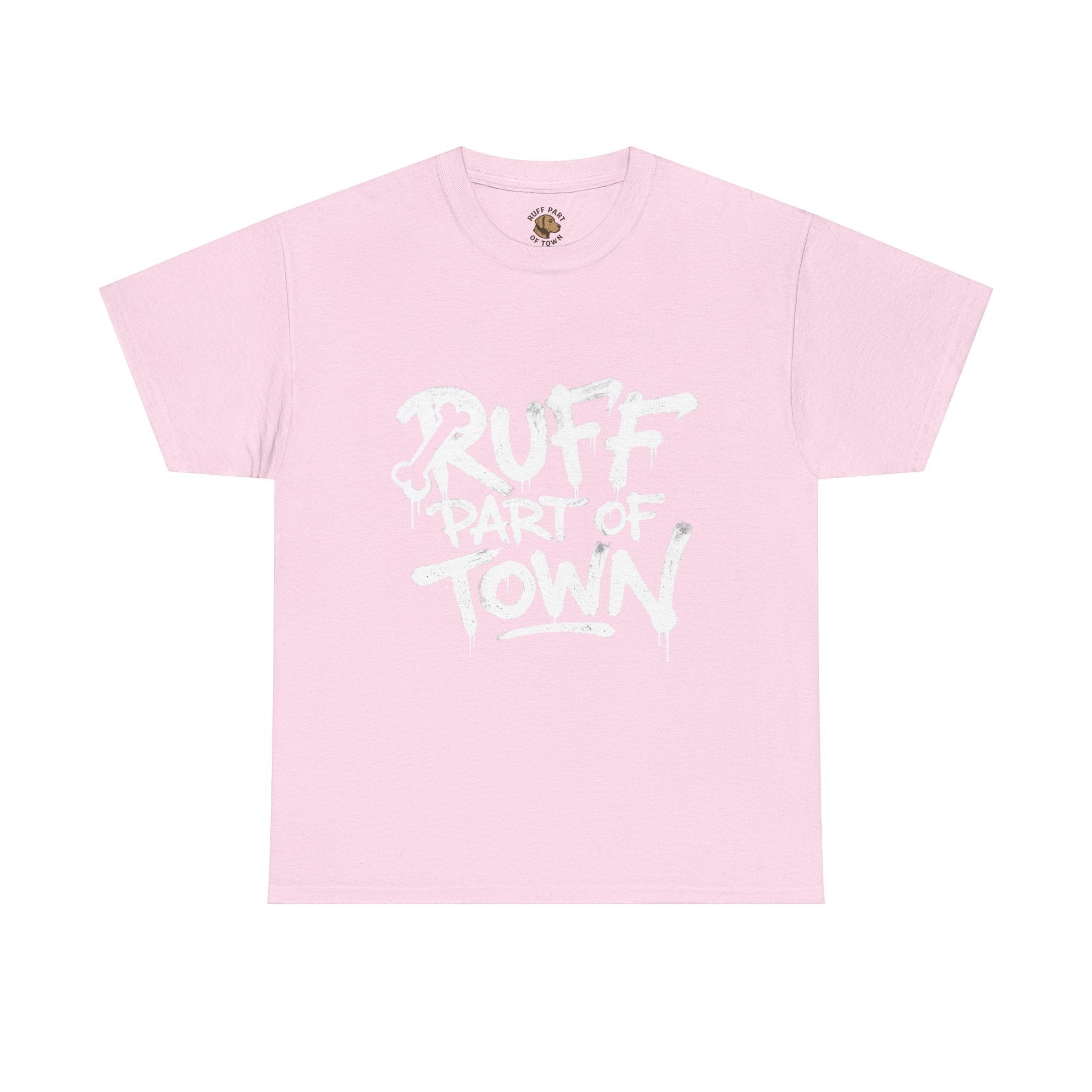 Ruff Part of Town pink 100% cotton t-shirt with white graffiti-style print on chest.