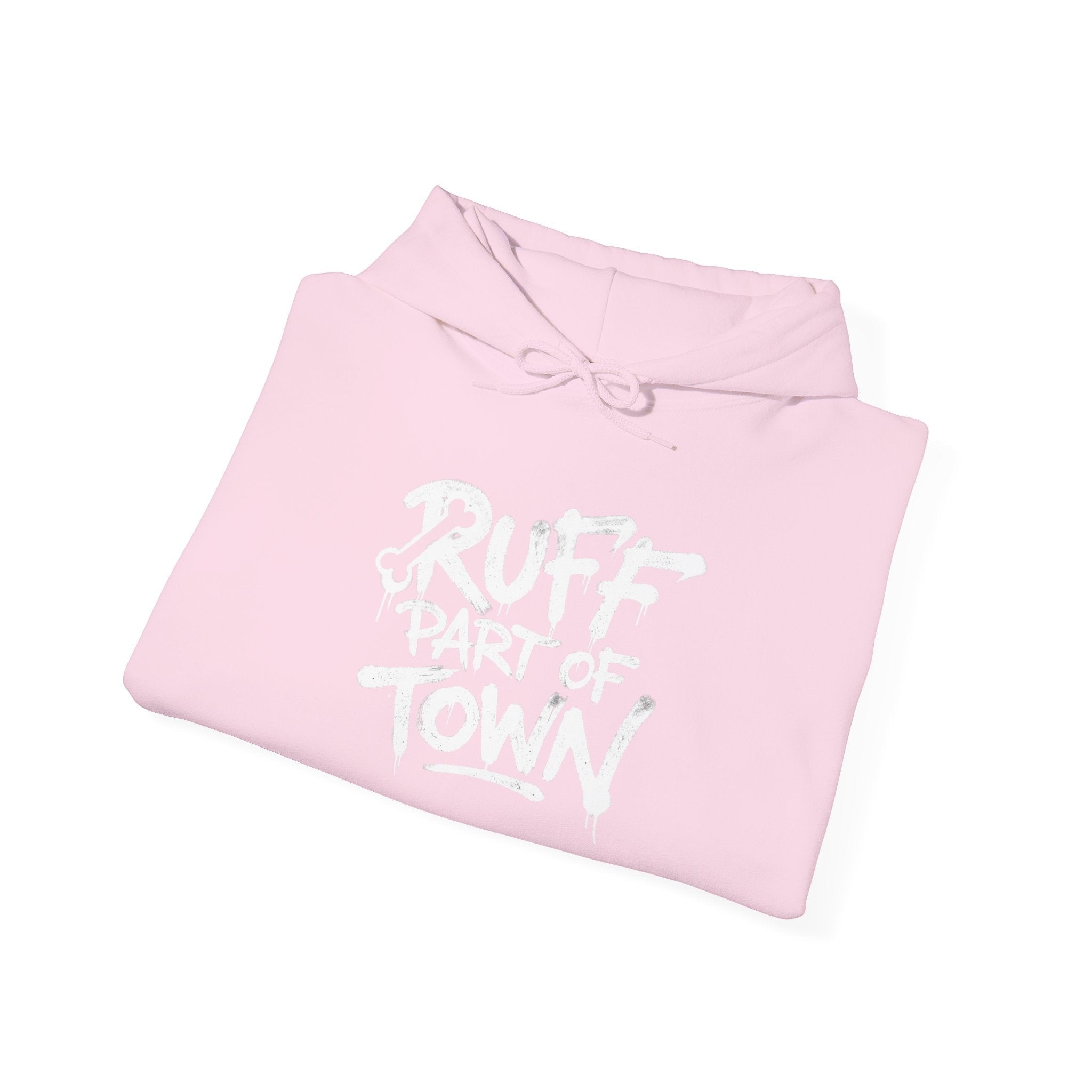 Ruff Part of Town pink cotton-poly blend hoodie with white stencil lettering. Features a double-lined hood and kangaroo pocket.
