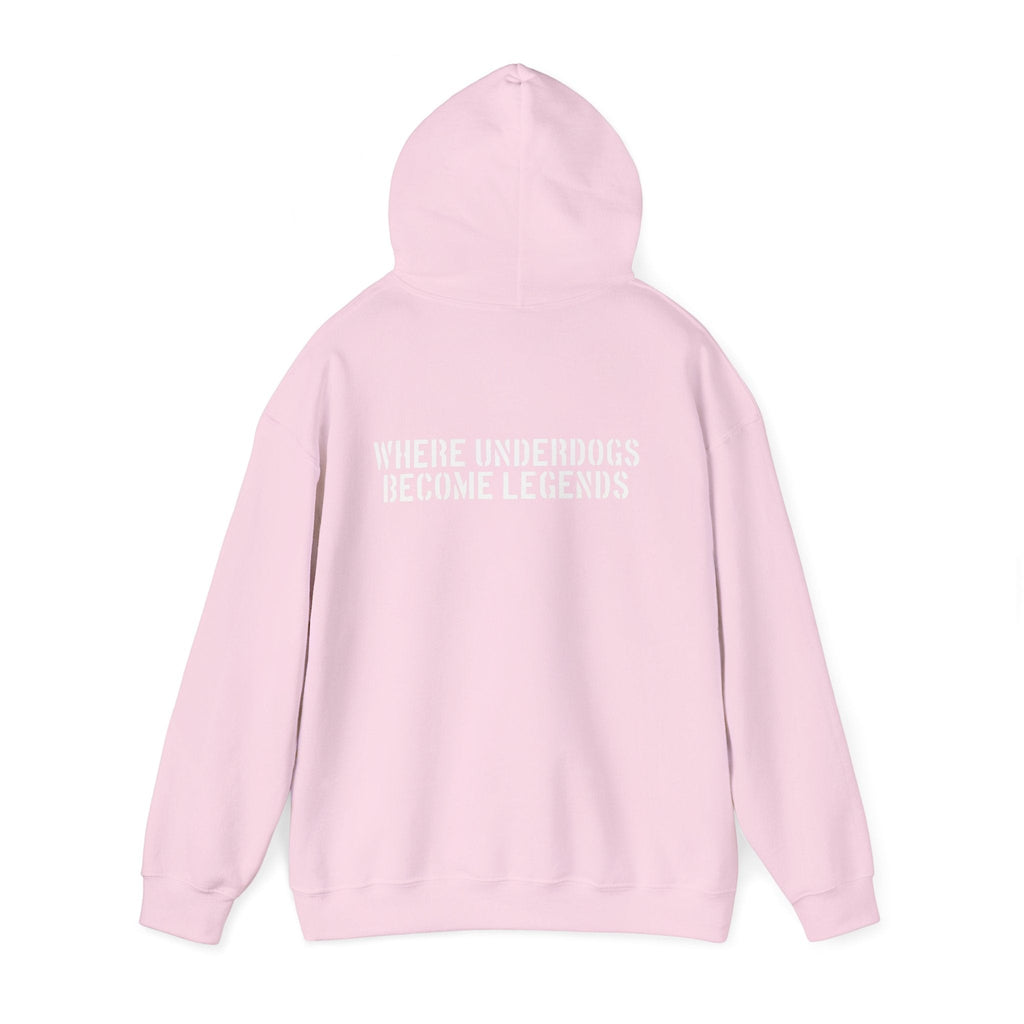 Ruff Part of Town pink cotton-poly blend hoodie with "WHERE UNDERDOGS BECOME LEGENDS" graphic on back.