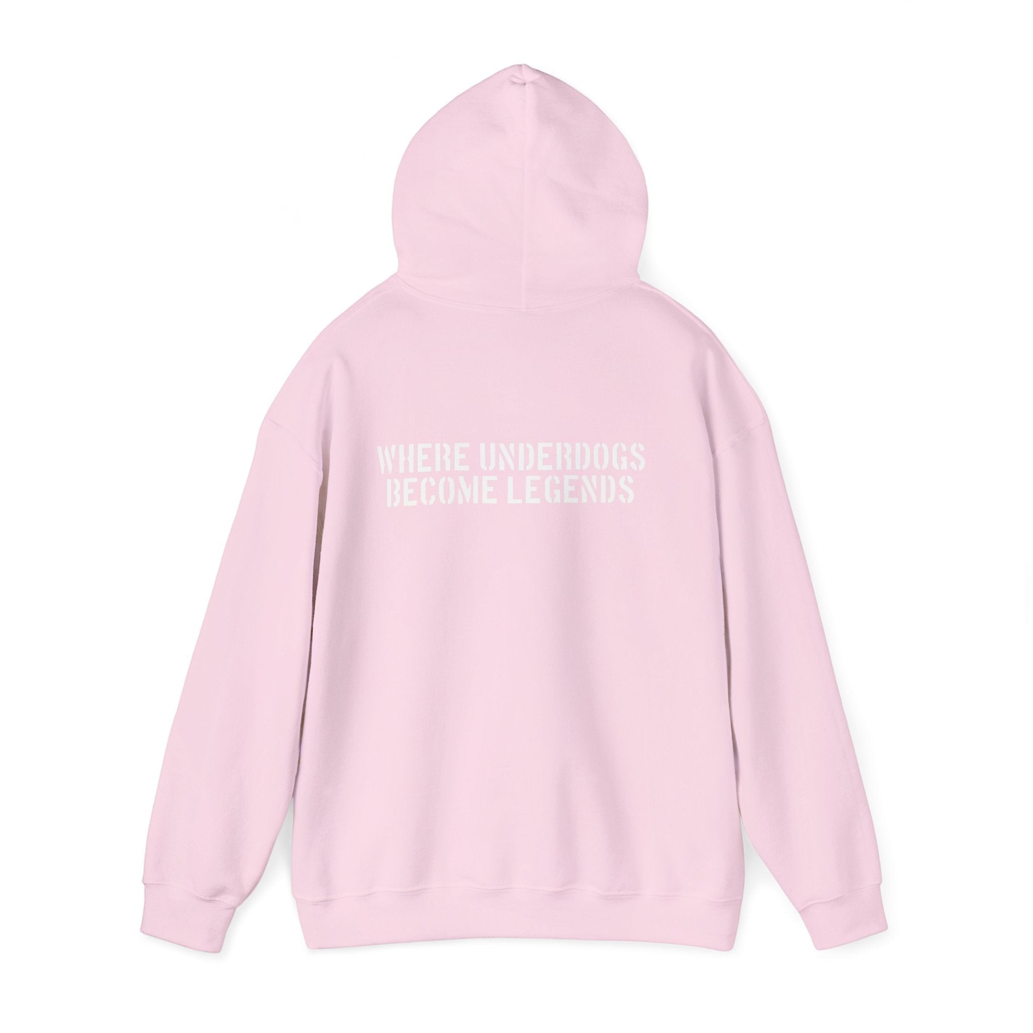 Ruff Part of Town pink cotton-poly blend hoodie with "WHERE UNDERDOGS BECOME LEGENDS" graphic on back.