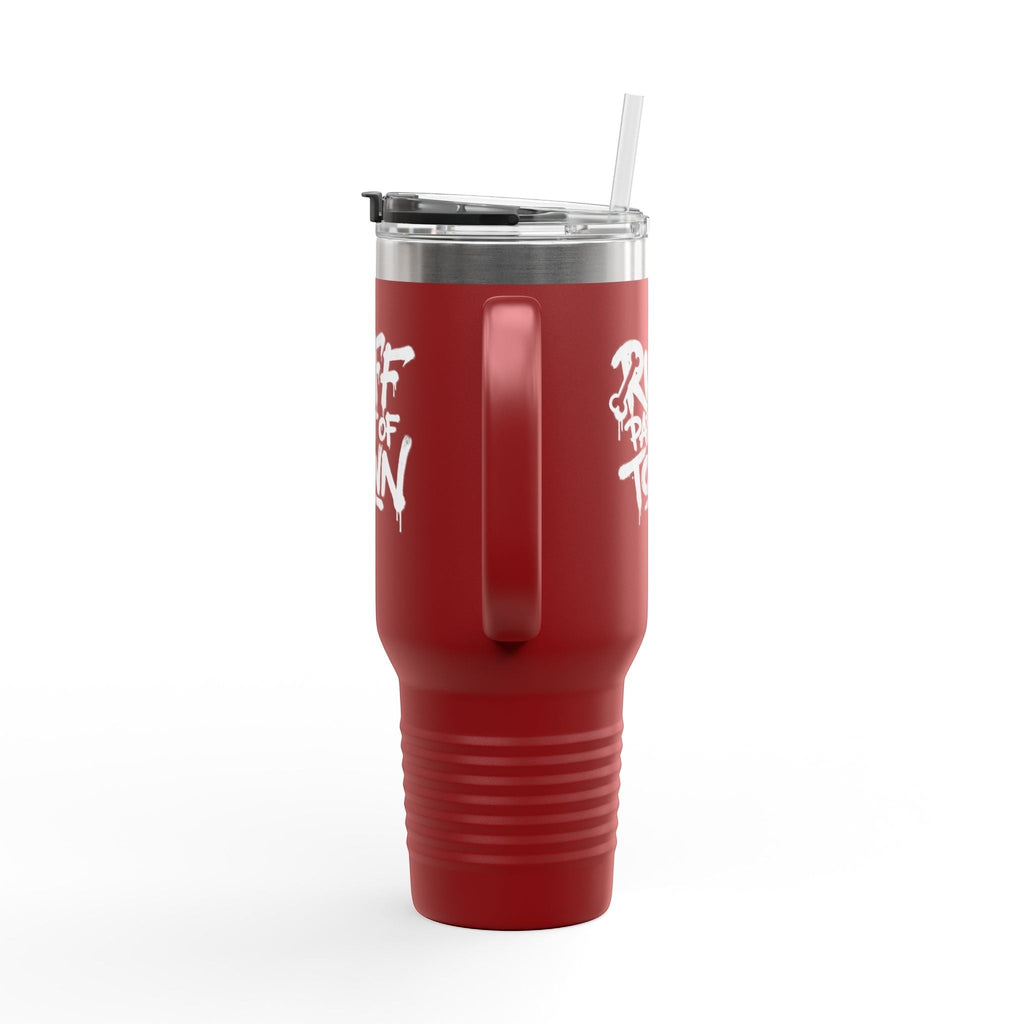 Ruff Part of Town red 40oz insulated stainless steel travel mug with white "Ruff Part of Town" graphic and straw.