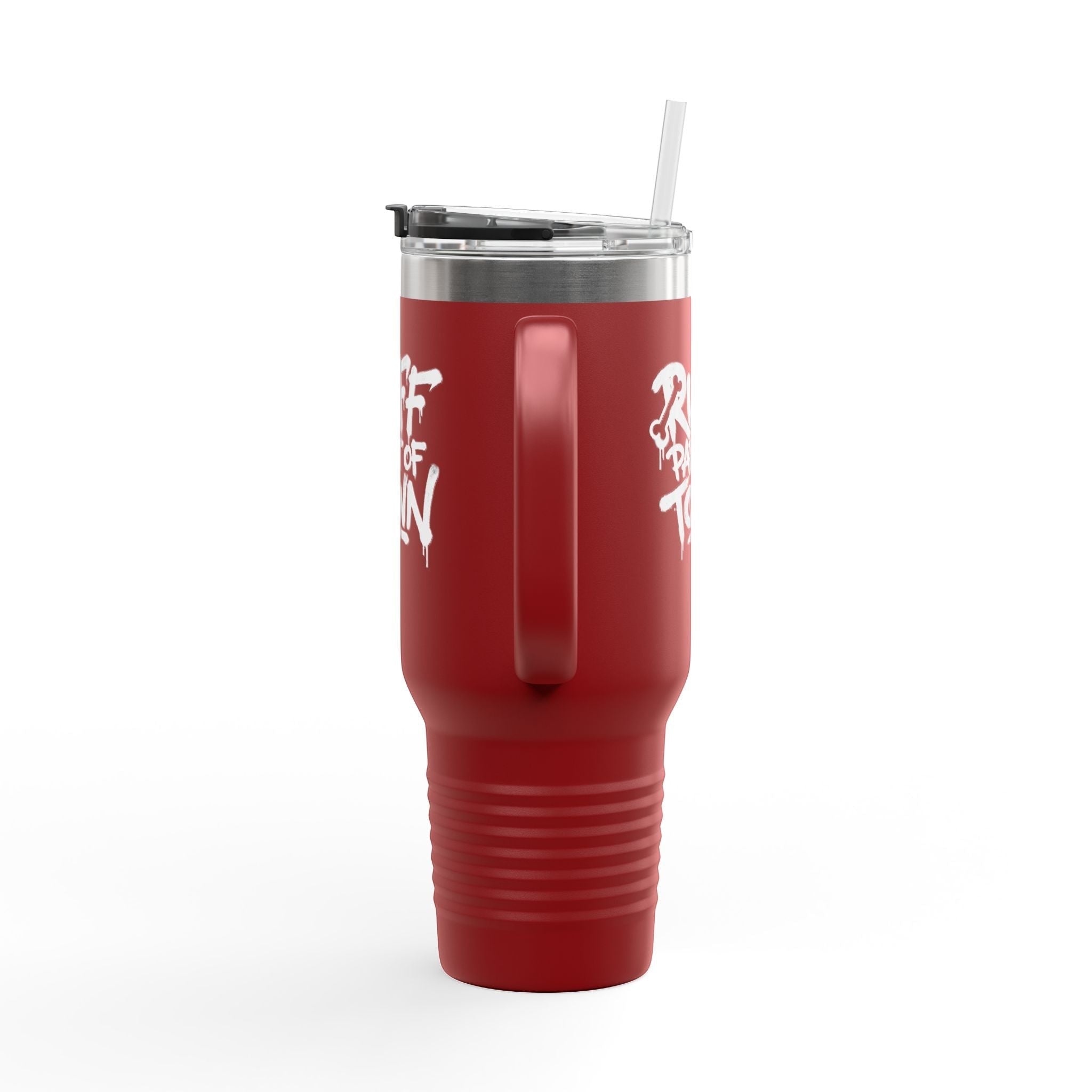 Ruff Part of Town red 40oz insulated stainless steel travel mug with white "Ruff Part of Town" graphic and straw.