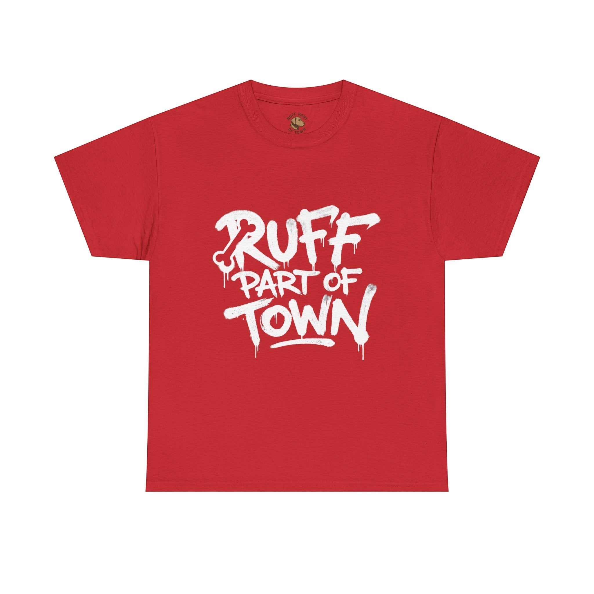Ruff Part of Town red 100% cotton t-shirt with white graffiti-style print on chest and back.