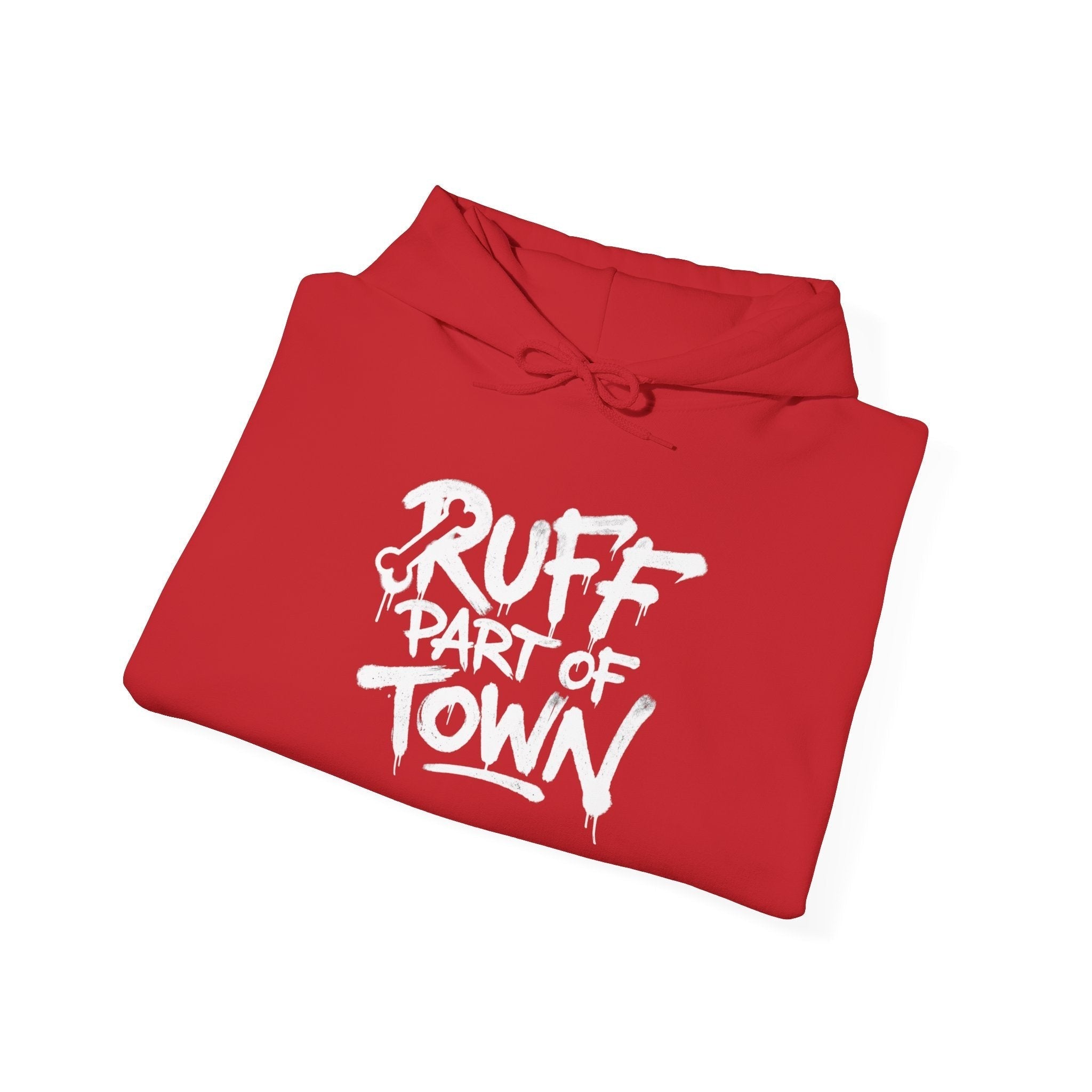 Ruff Part of Town red cotton-poly blend hoodie with white stencil lettering on front. Features kangaroo pocket and drawstring hood.