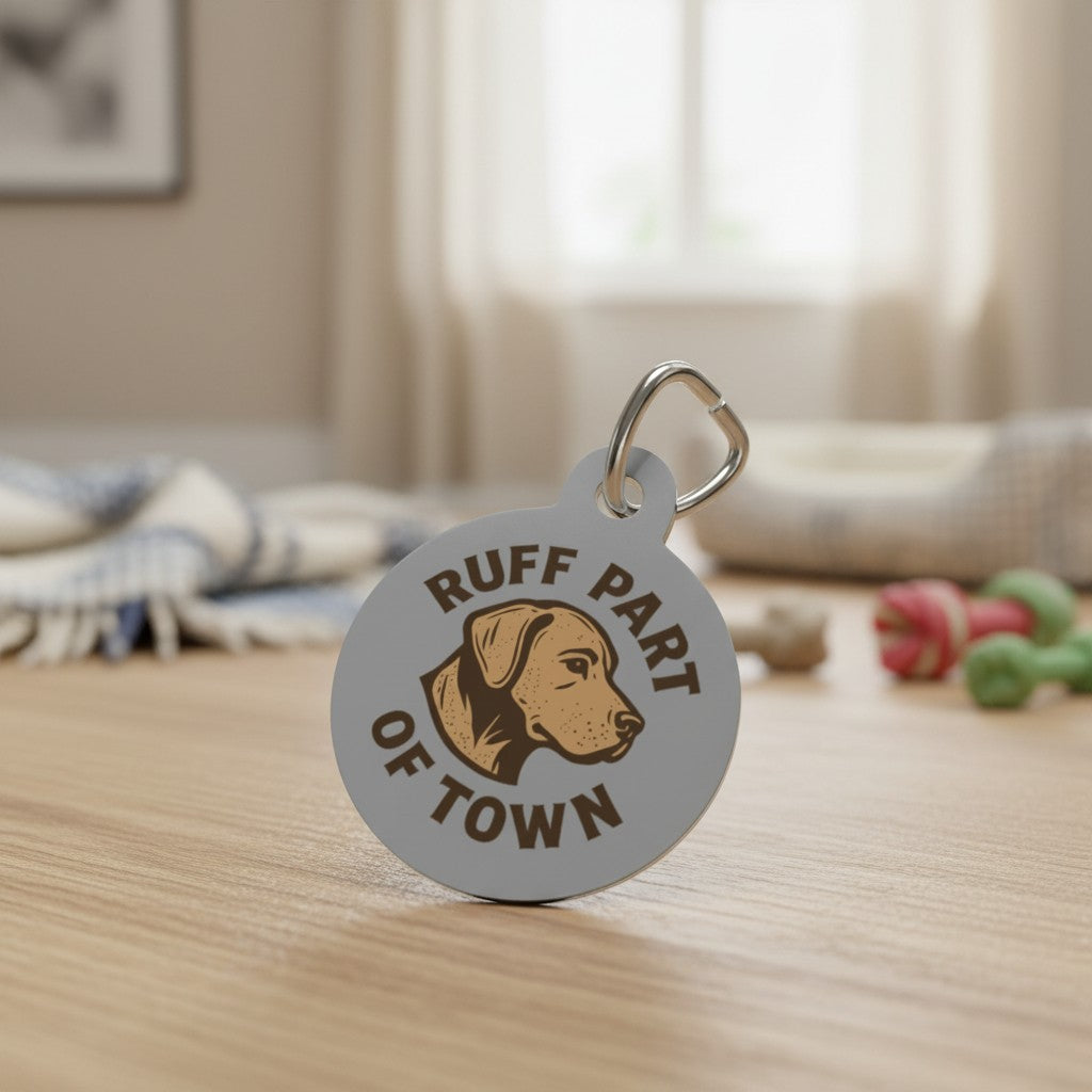 Ruff Part of Town round grey aluminum dog ID tag with a brown Labrador graphic and text.