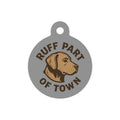 Ruff Part of Town round grey aluminum dog ID tag with Labrador graphic and "Ruff Part of Town" text.