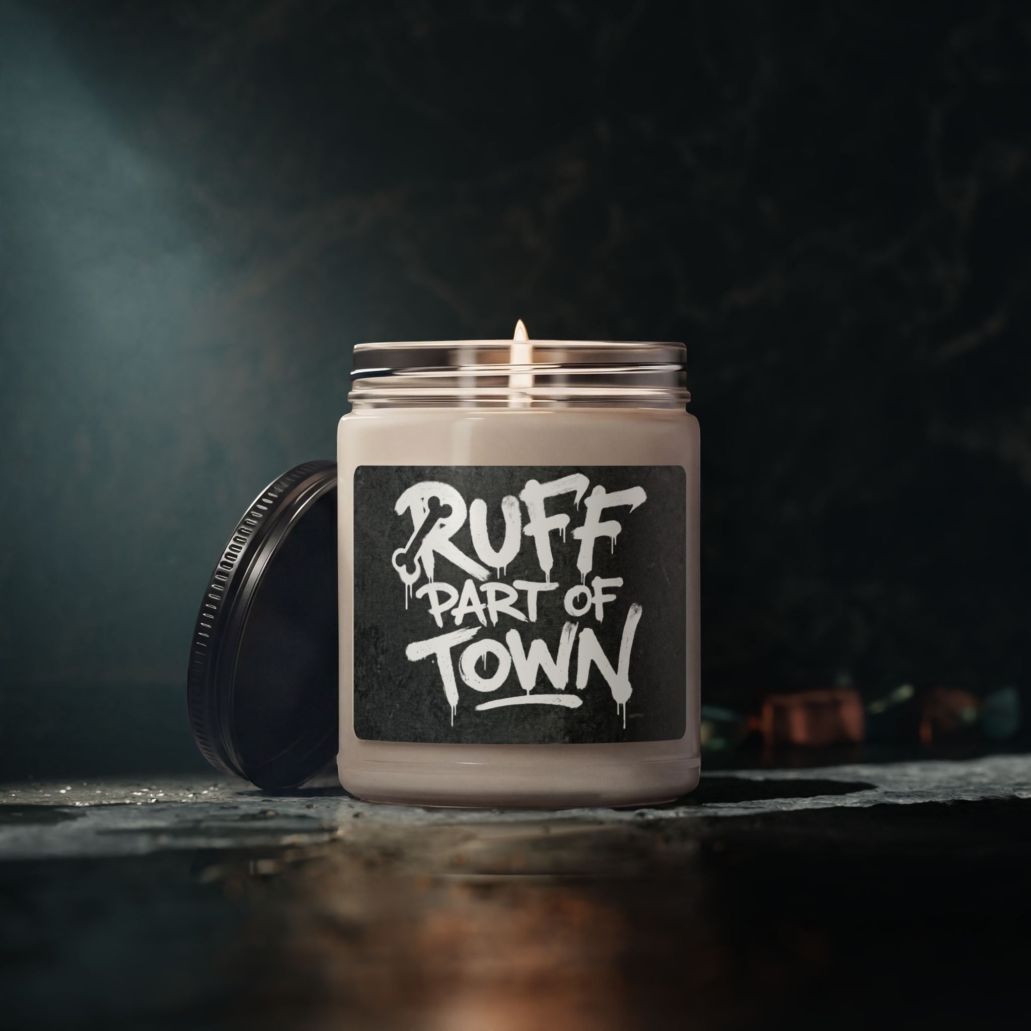 Ruff Part of Town scented soy candle in a reusable glass jar with a matte black lid and graffiti-style label.