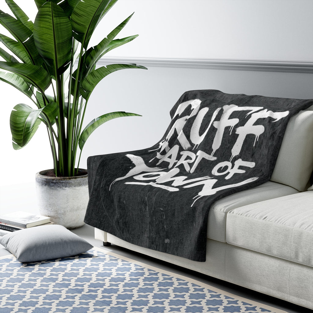 Ruff Part of Town sherpa fleece throw blanket with graffiti-style lettering on a dark background.