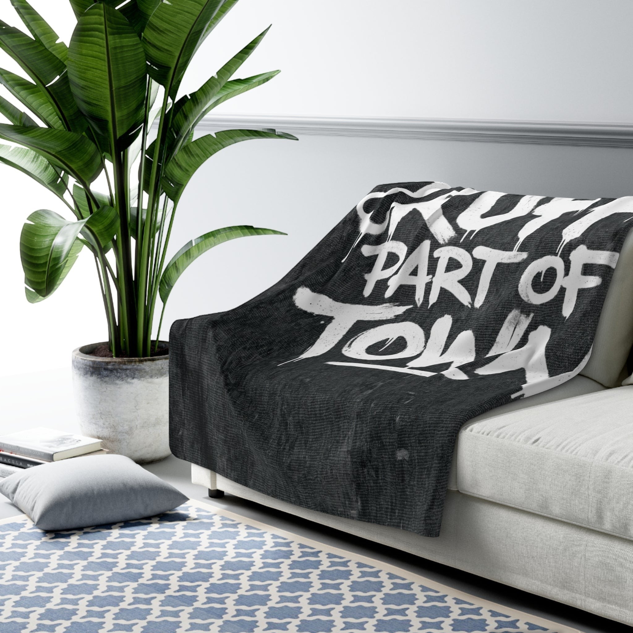 Ruff Part of Town sherpa fleece throw blanket with graffiti-style "RUFF PART OF TOWN" text on a dark background.