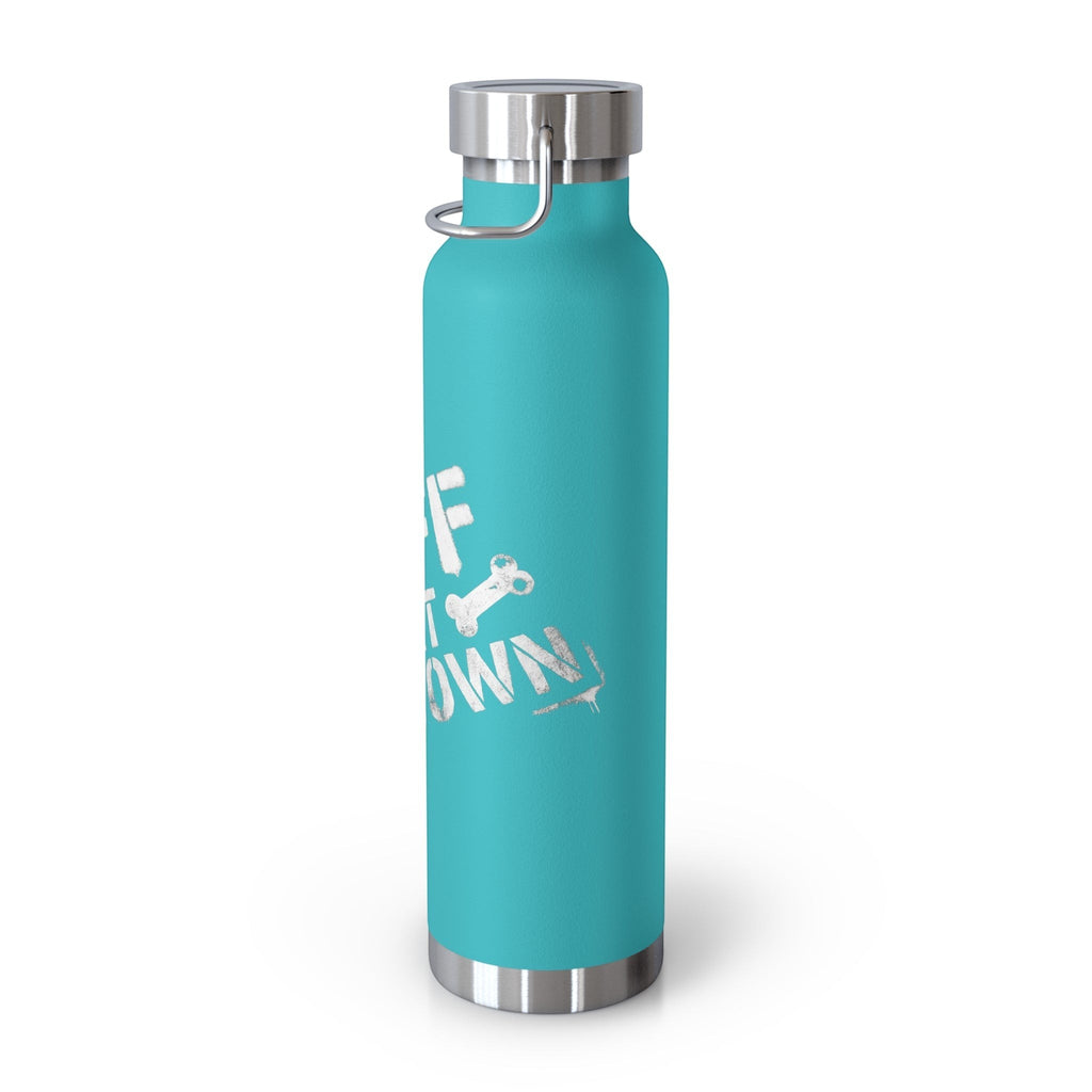 Ruff Part of Town 22oz teal insulated stainless steel water bottle with white stencil graphics and a silver lid.