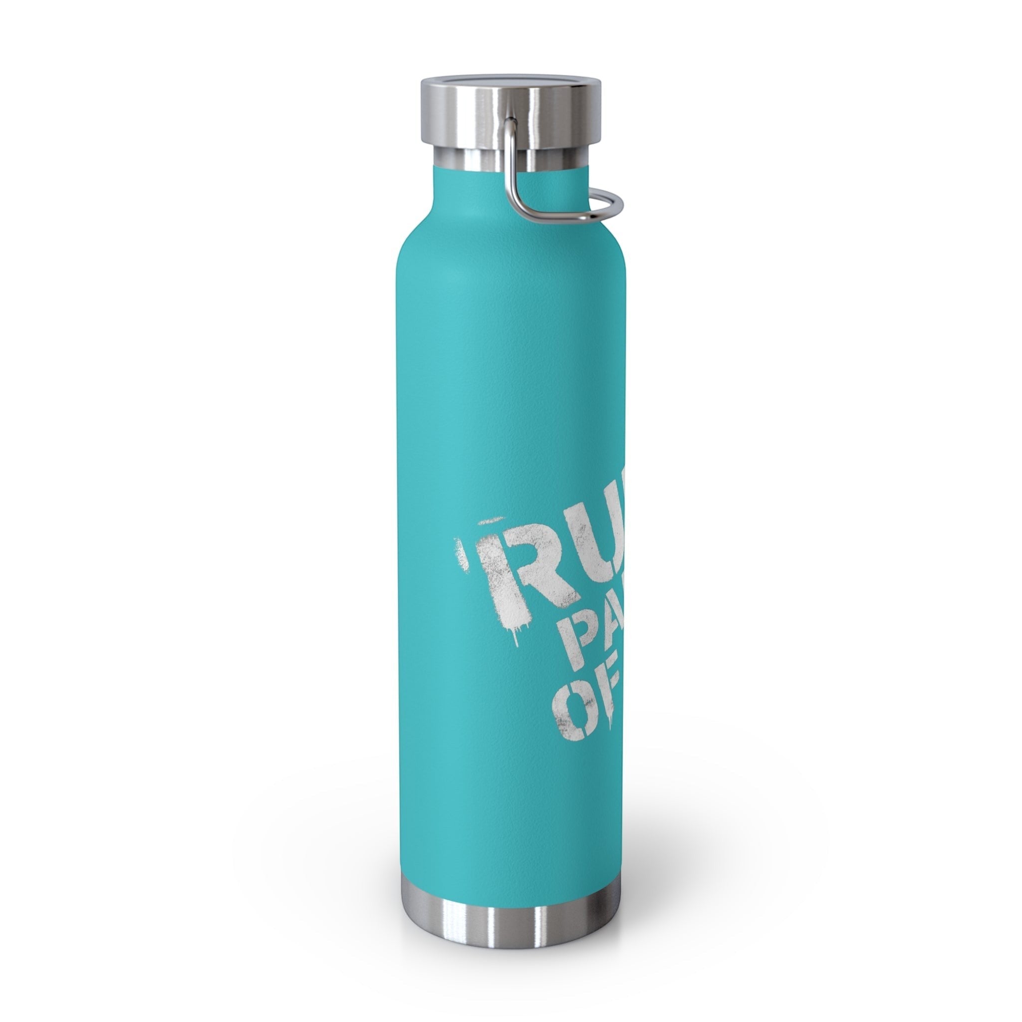 Ruff Part of Town 22oz turquoise insulated stainless steel water bottle with white stencil graphic and silver lid.
