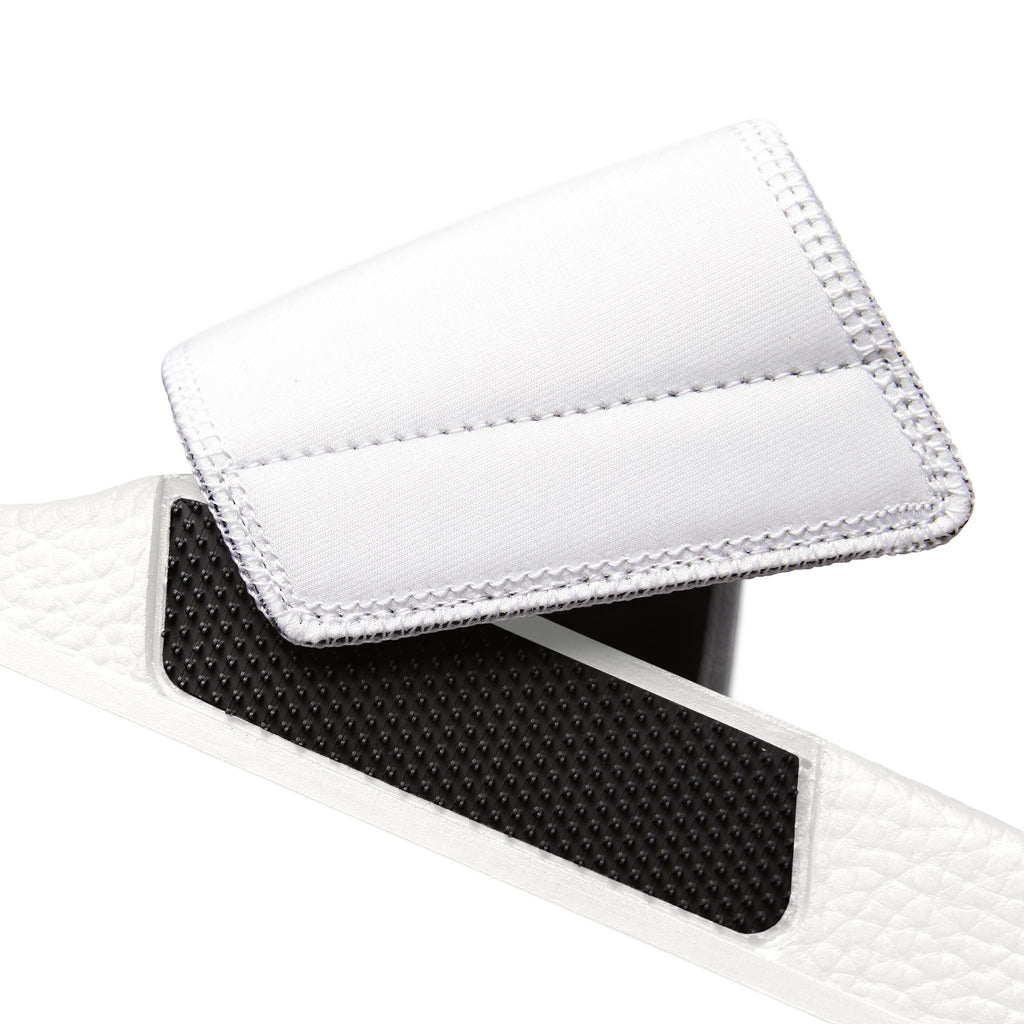 Ruff Part of Town white slide sandal with removable strap and black textured insole.
