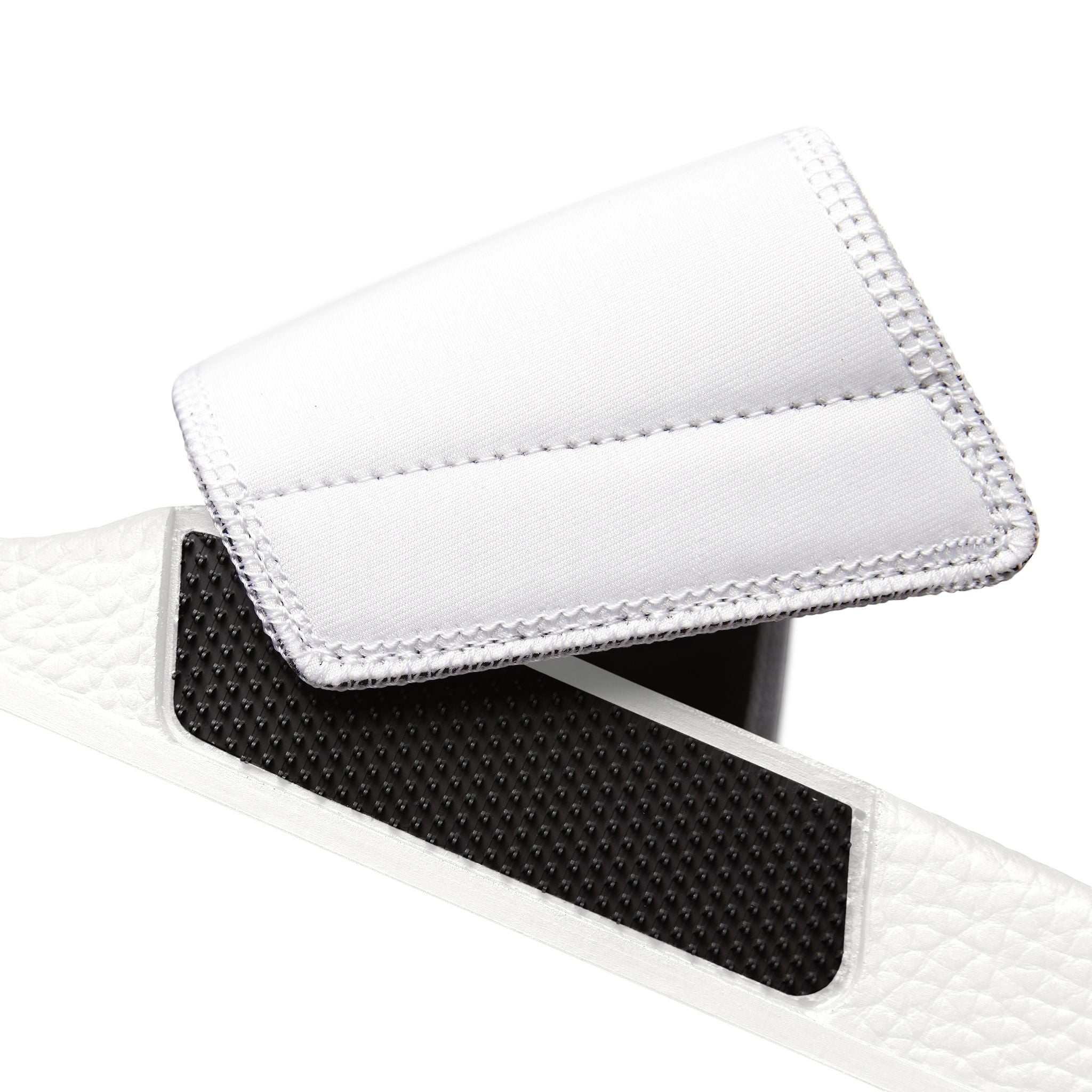 Ruff Part of Town white slide sandal with removable strap and black textured insole.
