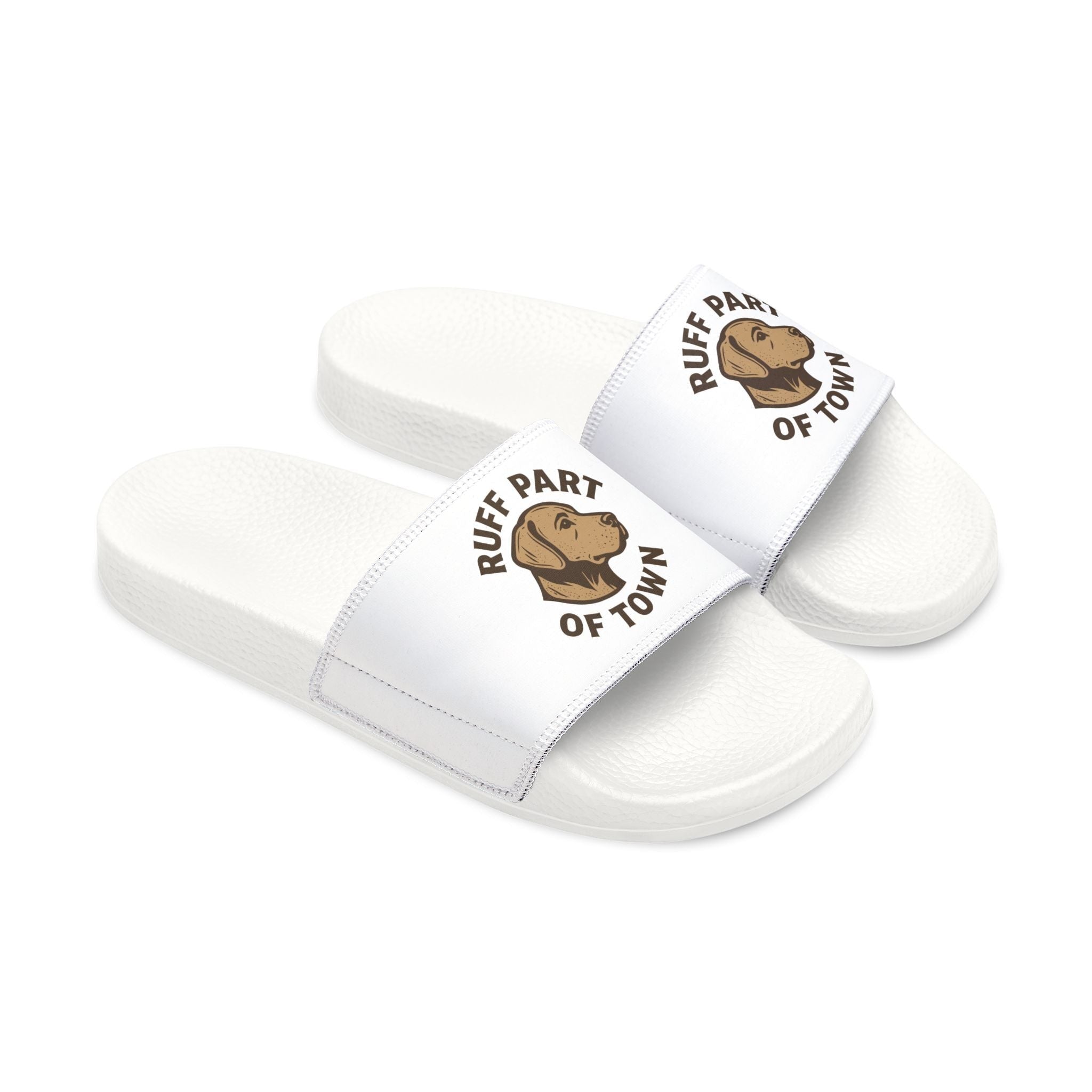 Ruff Part of Town white slide sandals with removable straps featuring a dog logo. Comfortable, quick-drying, and casual.