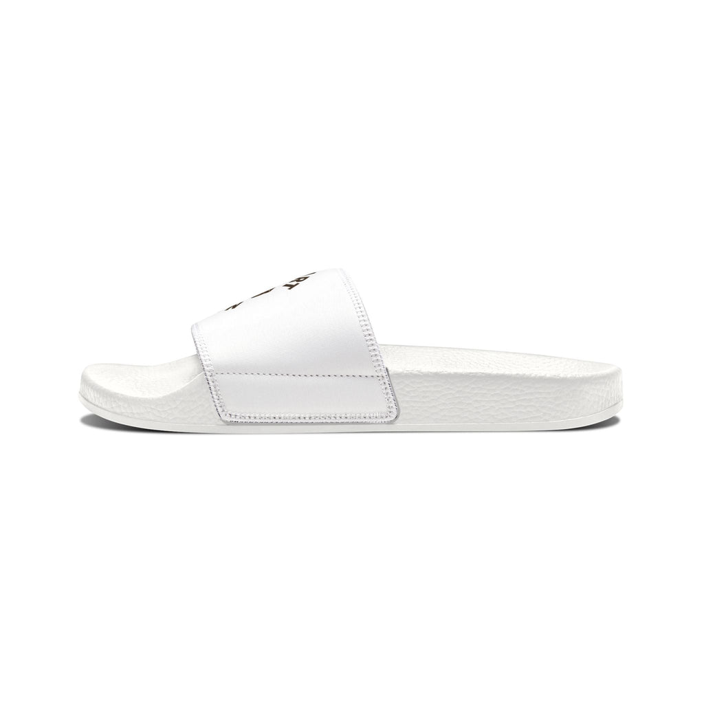 Ruff Part of Town white slide sandals with removable strap featuring a dog patch. Comfortable, quick-drying, and ideal for casual wear.