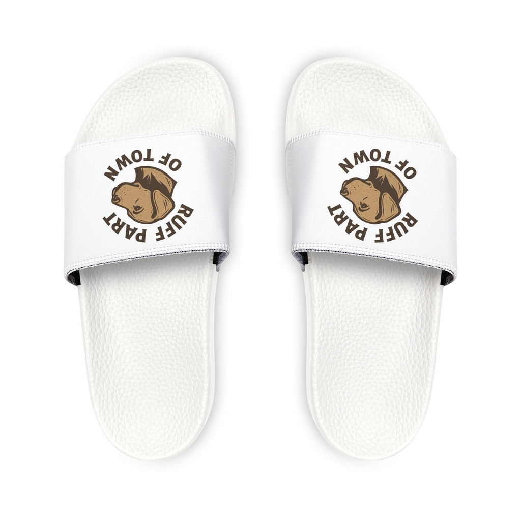 Ruff Part of Town white slide sandals with removable straps featuring a dog patch logo. Comfortable, quick-drying, and casual.
