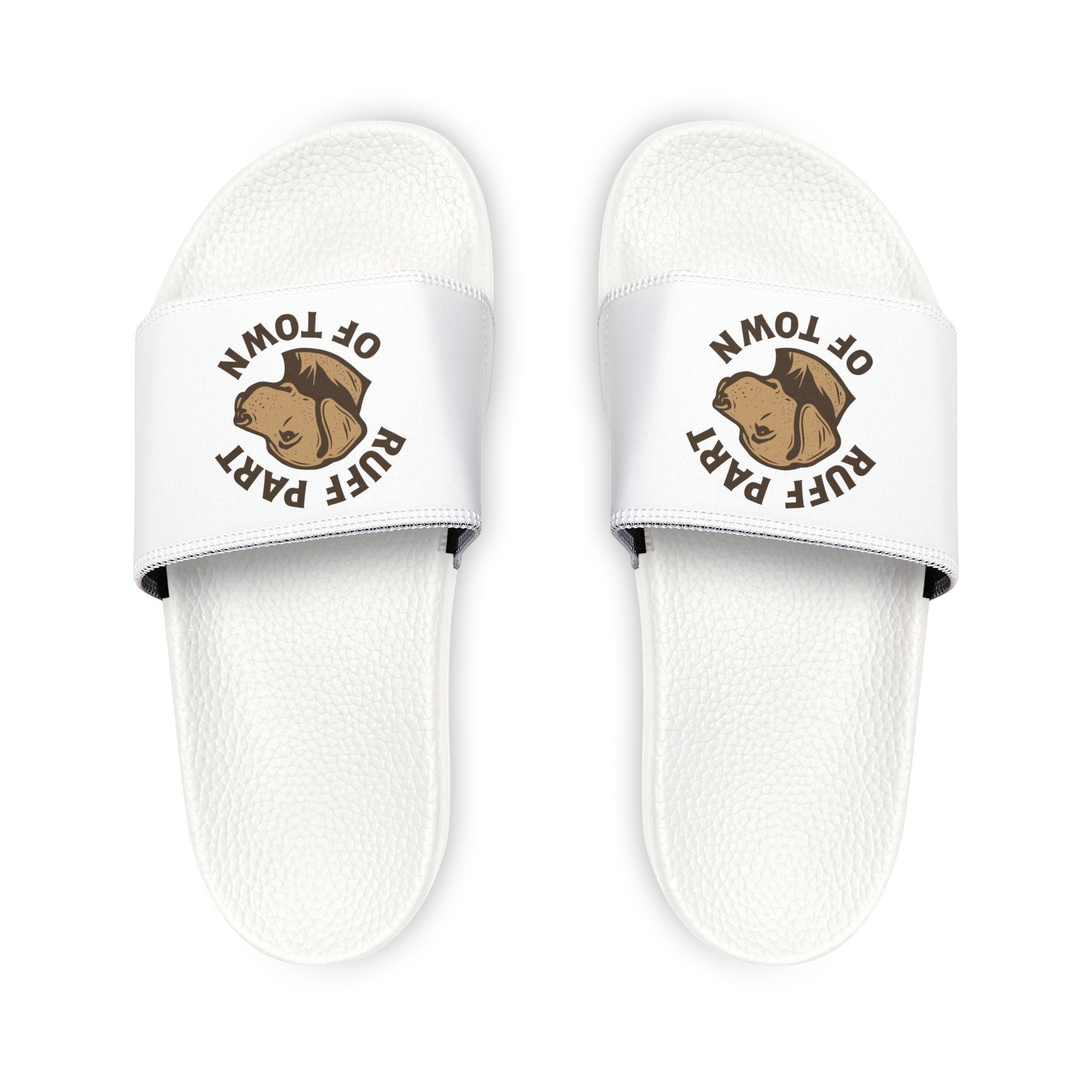 Ruff Part of Town white slide sandals with removable straps featuring a dog patch logo. Comfortable, quick-drying, and casual.