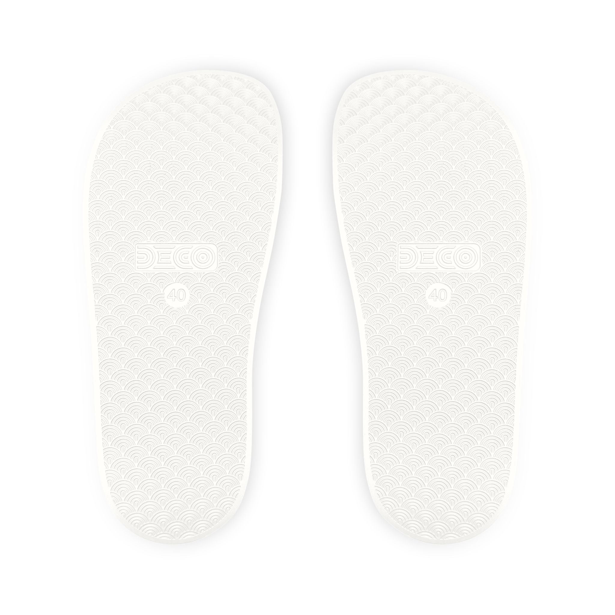 Ruff Part of Town white slide sandal soles with embossed wave pattern and size 40 detail.