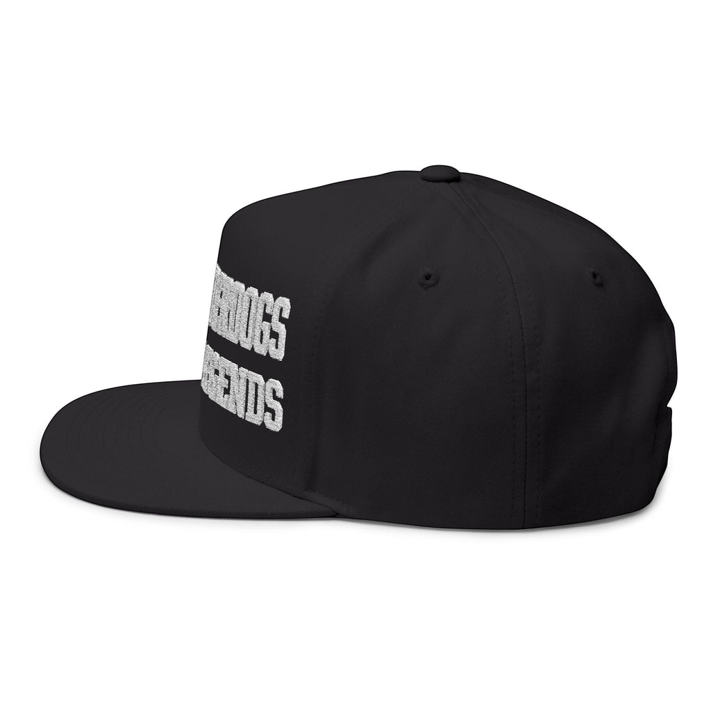 Ruff Part of Town black cotton twill flat bill cap with white embroidered text "WHERE UNDERDOGS BECOME LEGENDS" and green undervisor.