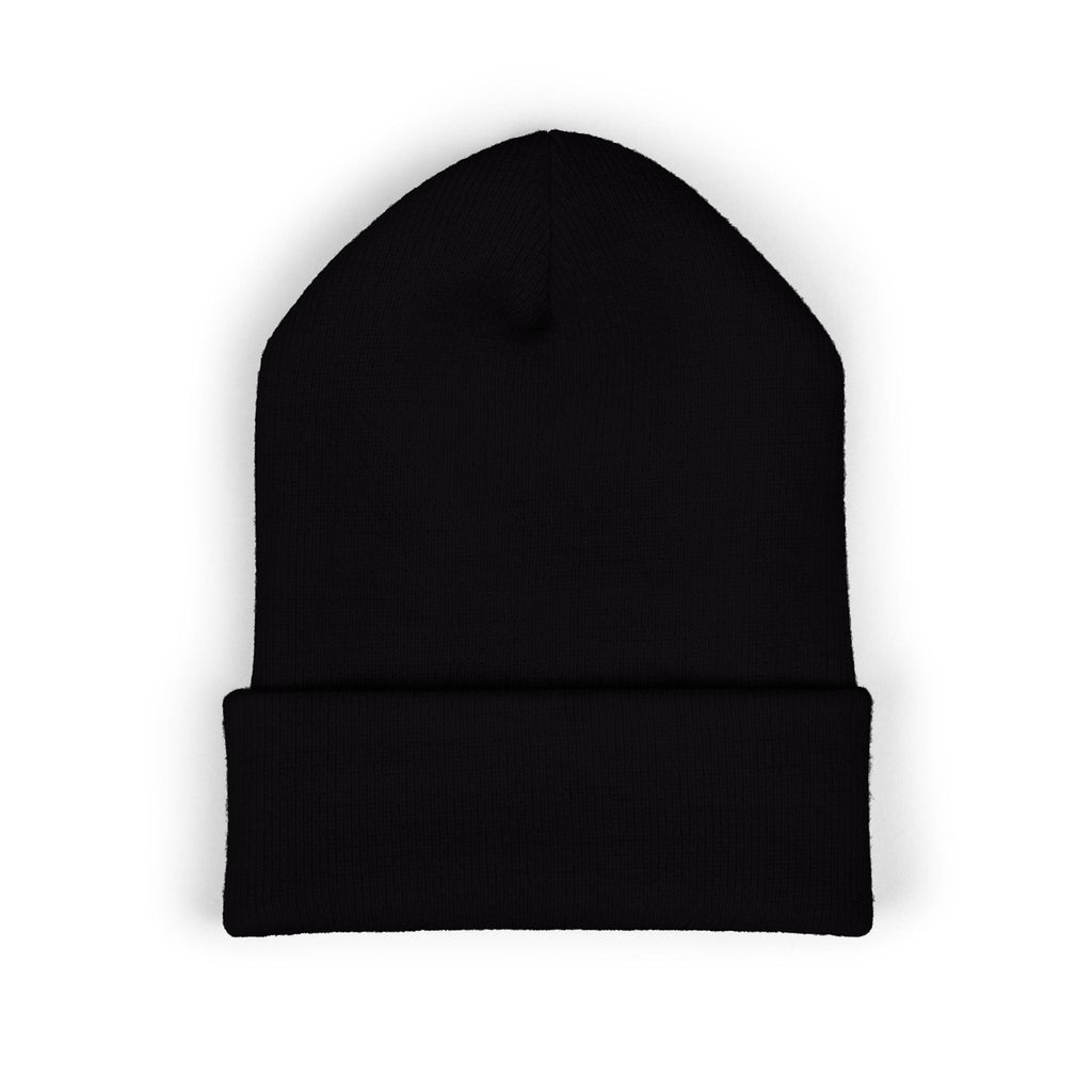 Ruff Part of Town black cuffed acrylic beanie with embroidered paw accent. 12" cuff for extra warmth and classic style.