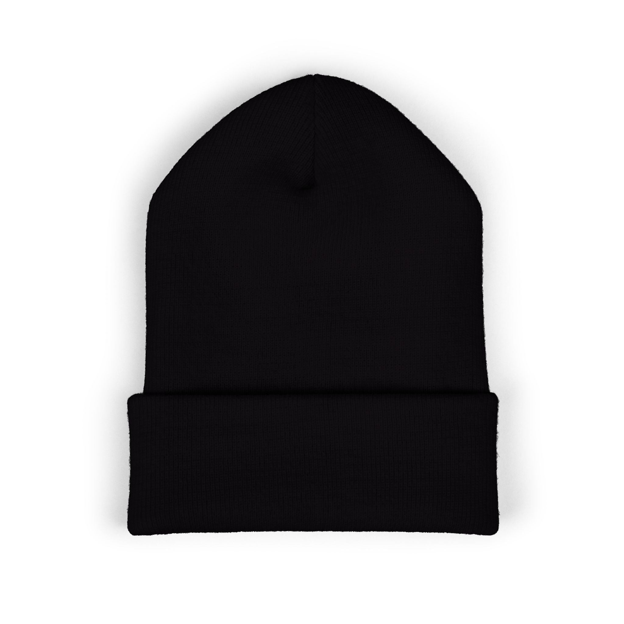 Ruff Part of Town black cuffed acrylic beanie with embroidered paw accent. 12" cuff for extra warmth and classic style.