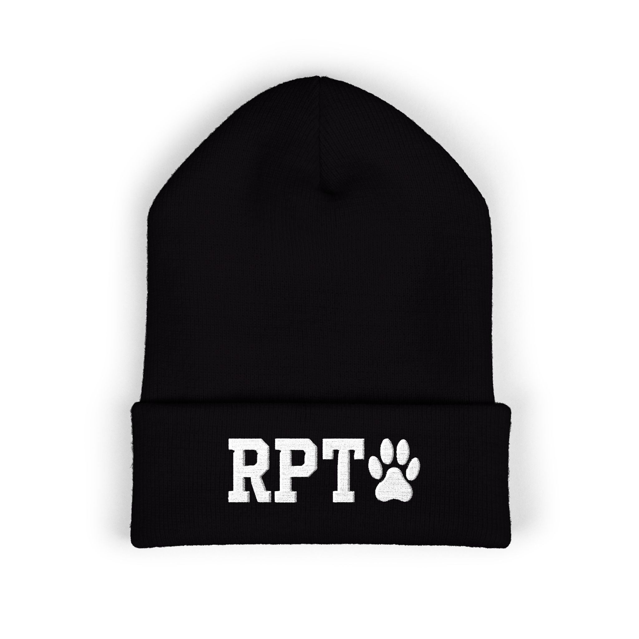 Ruff Part of Town black cuffed acrylic beanie with embroidered RPT and paw logo. Cozy dog lover hat.