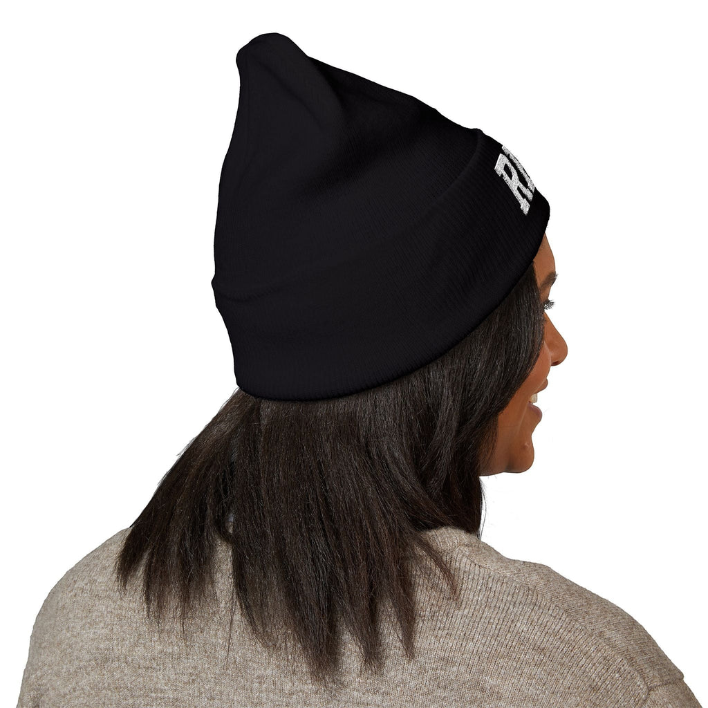 Ruff Part of Town black cuffed acrylic beanie with embroidered RPT paw logo. Cozy dog lover hat.