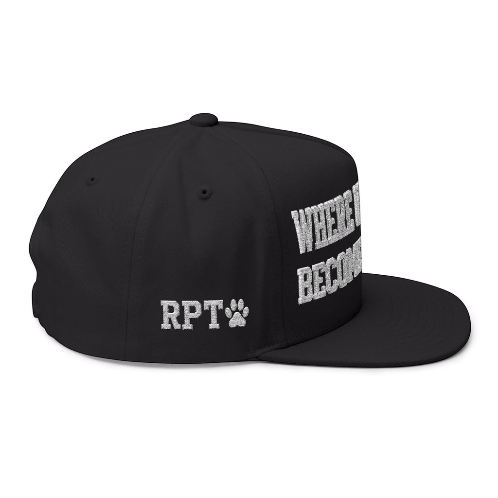 Ruff Part of Town black cotton twill flat bill cap with white "WHERE UNDERDOGS BECOME LEGENDS" embroidery and "RPT" logo with paw print.