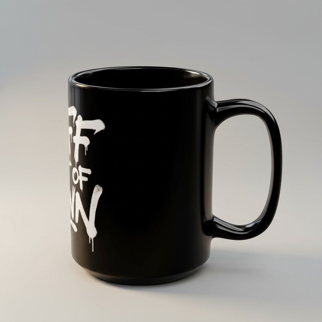 Ruff Part of Town black ceramic mug with white graffiti lettering, 11oz or 15oz, C-handle, microwave and dishwasher safe.