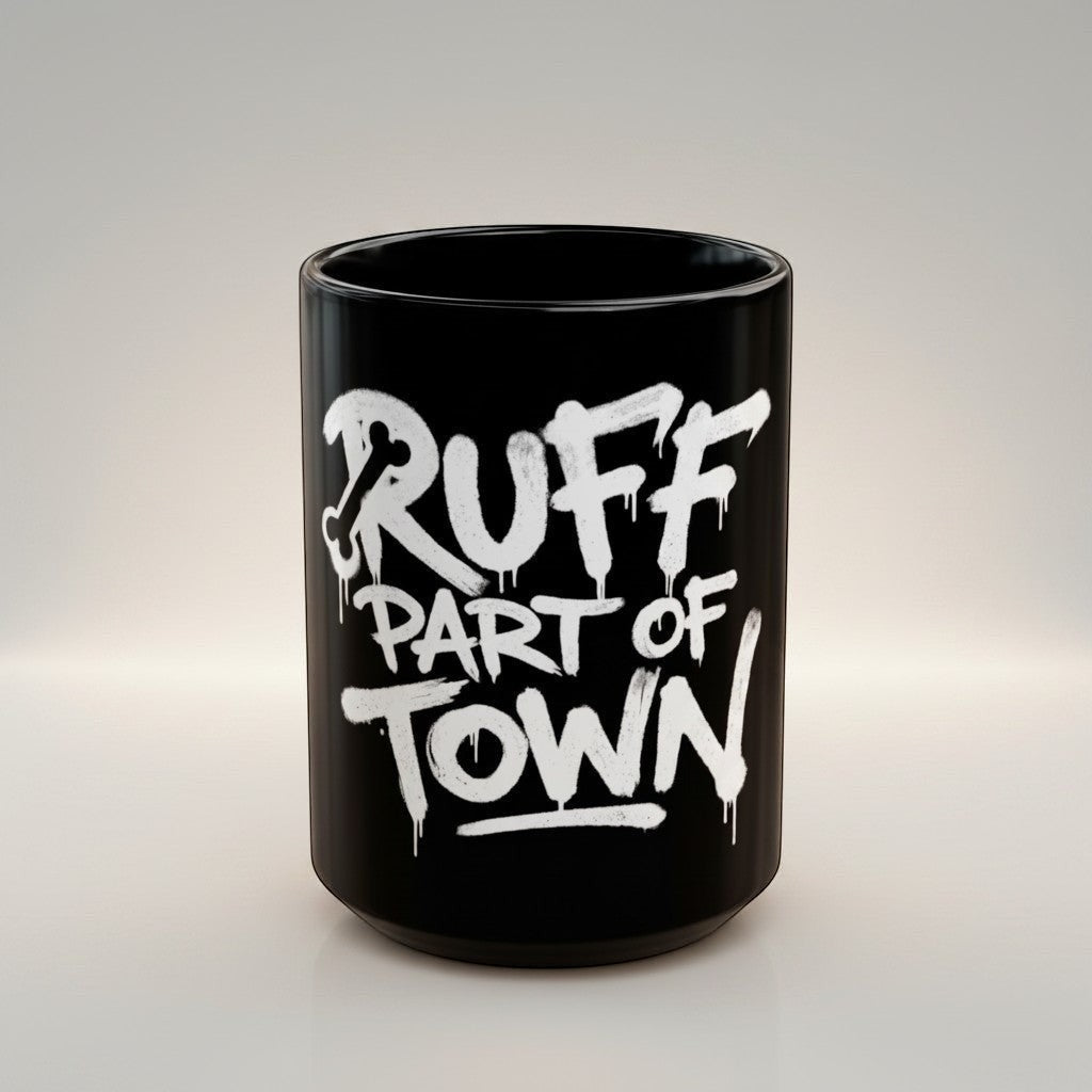 Ruff Part of Town black ceramic mug with white graffiti lettering and a bone graphic. 11oz or 15oz.