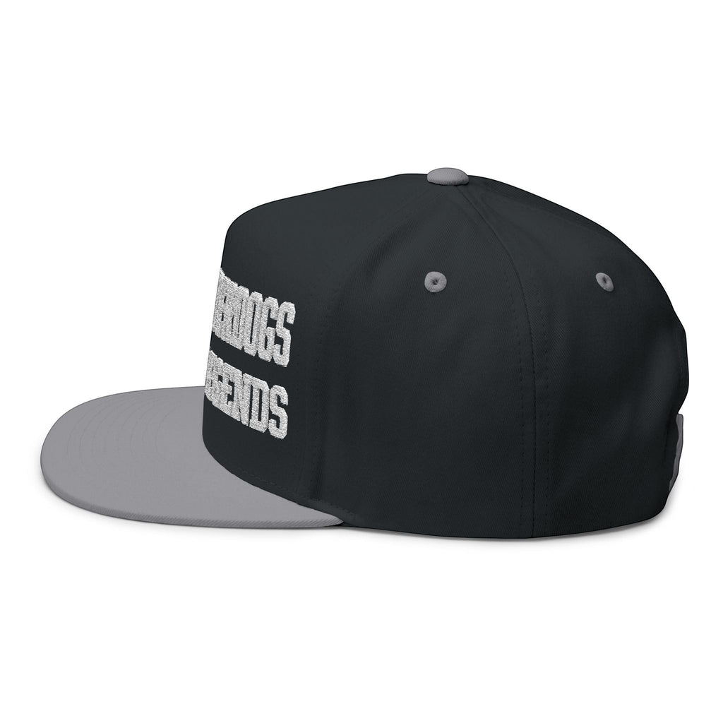 Ruff Part of Town black cotton twill flat bill cap with white "WHERE UNDERDOGS BECOME LEGENDS" embroidery and grey undervisor.