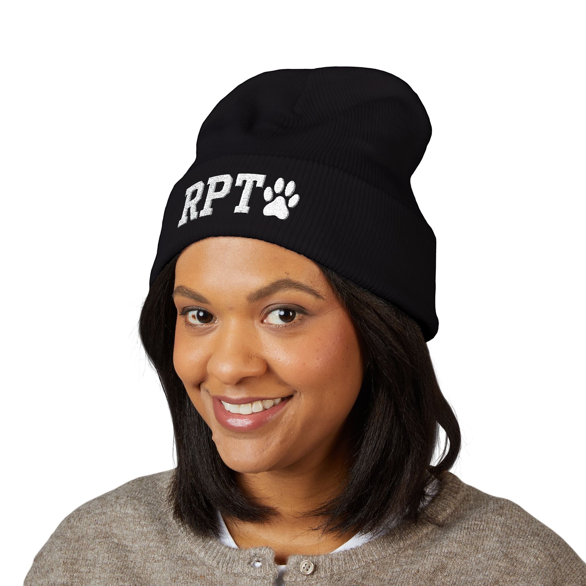 Ruff Part of Town black cuffed acrylic beanie with white RPT paw embroidery. A cozy dog lover hat.