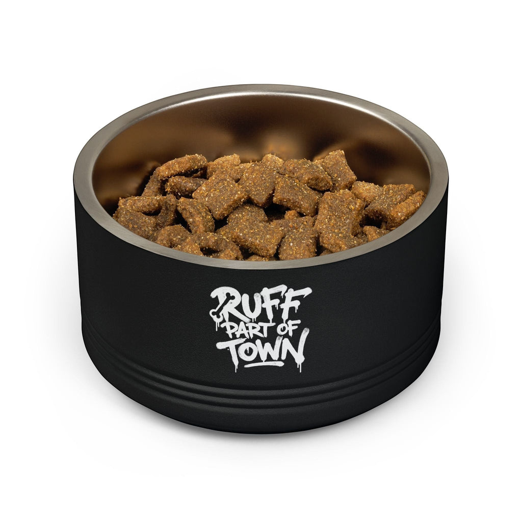 Ruff Part of Town black 18oz insulated stainless steel pet bowl with graffiti-style lettering filled with dog food.