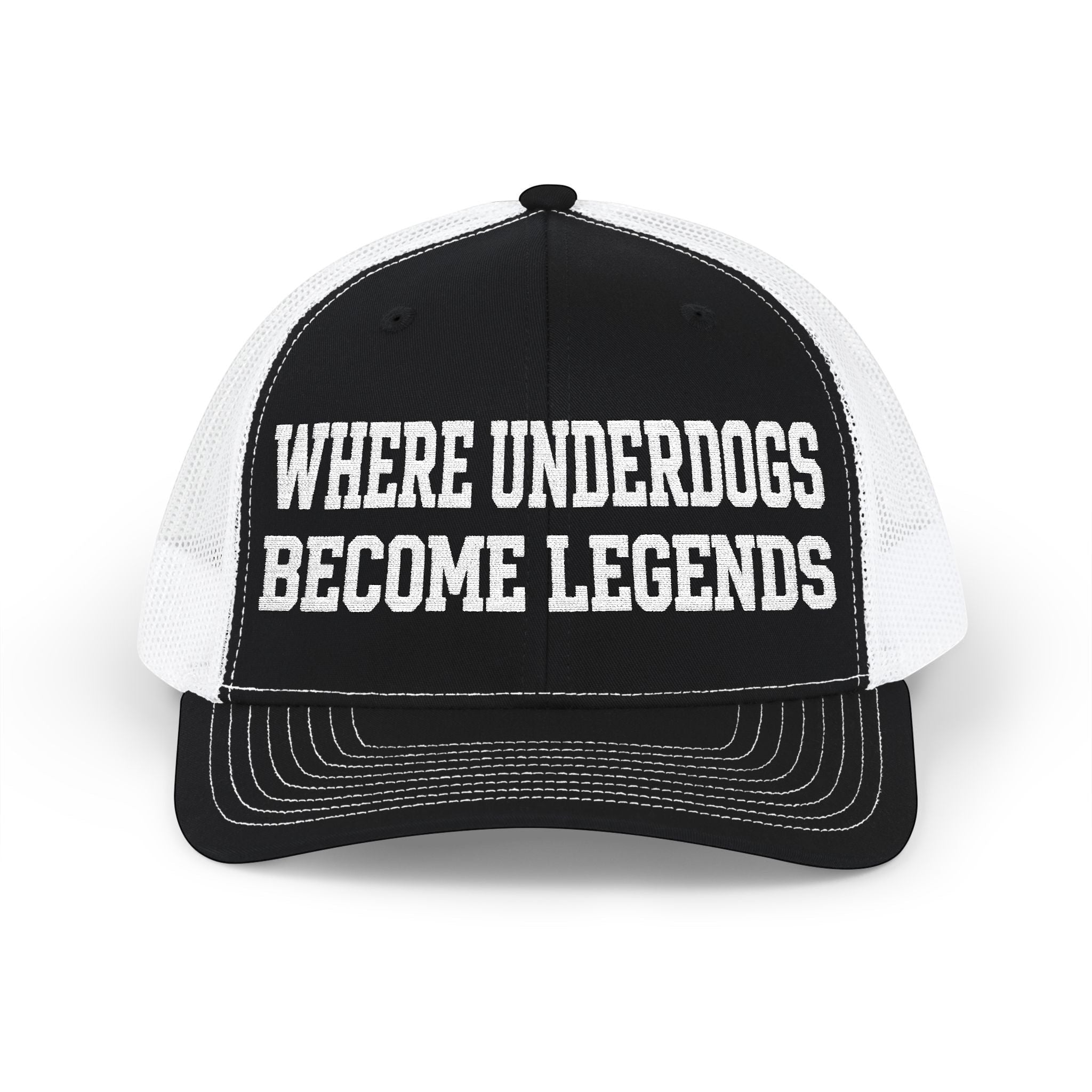 Ruff Part of Town black and white trucker cap with "WHERE UNDERDOGS BECOME LEGENDS" text. Cotton front, polyester mesh back.
