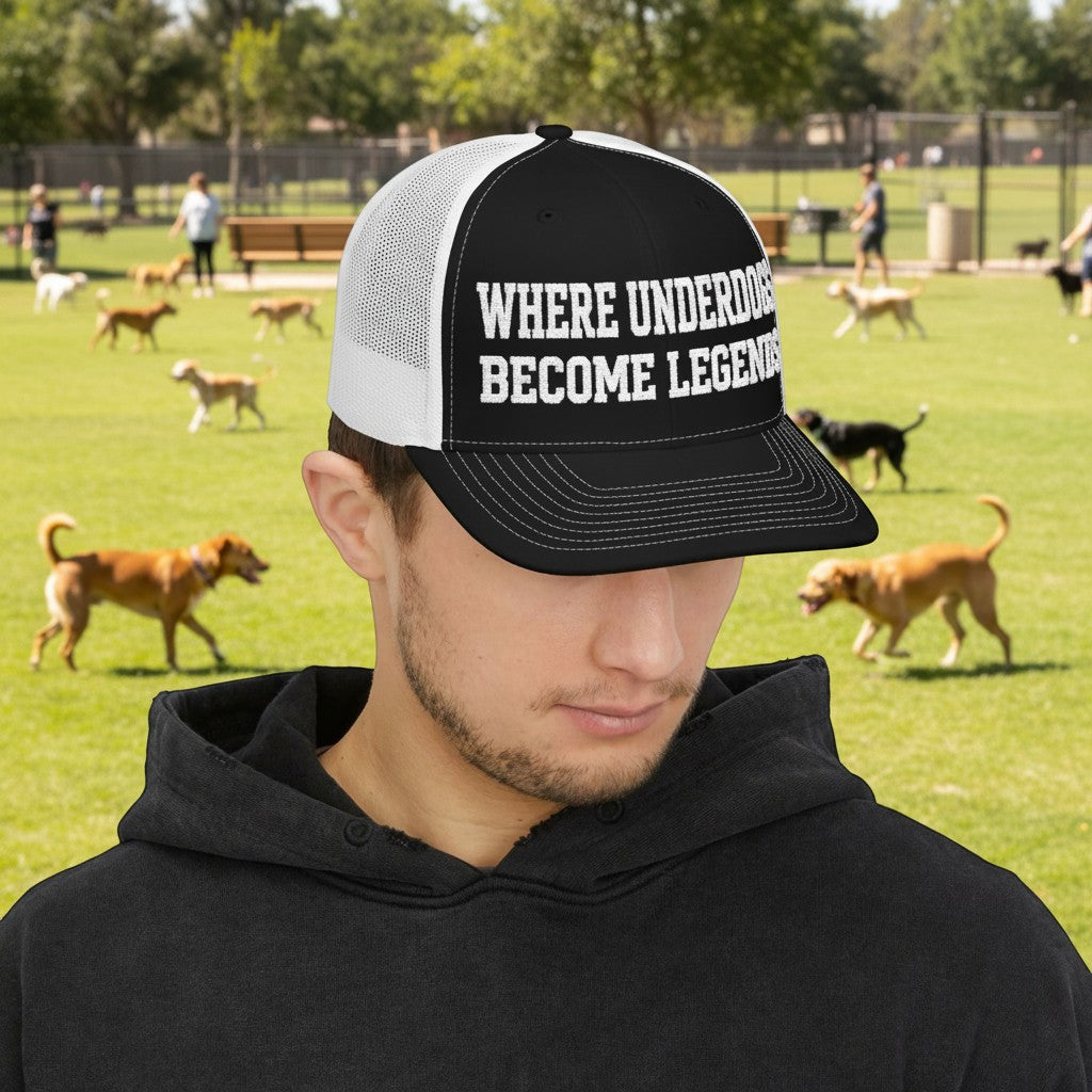 Ruff Part of Town black and white trucker hat with "Where Underdogs Become Legends" text. Mesh back for breathability.