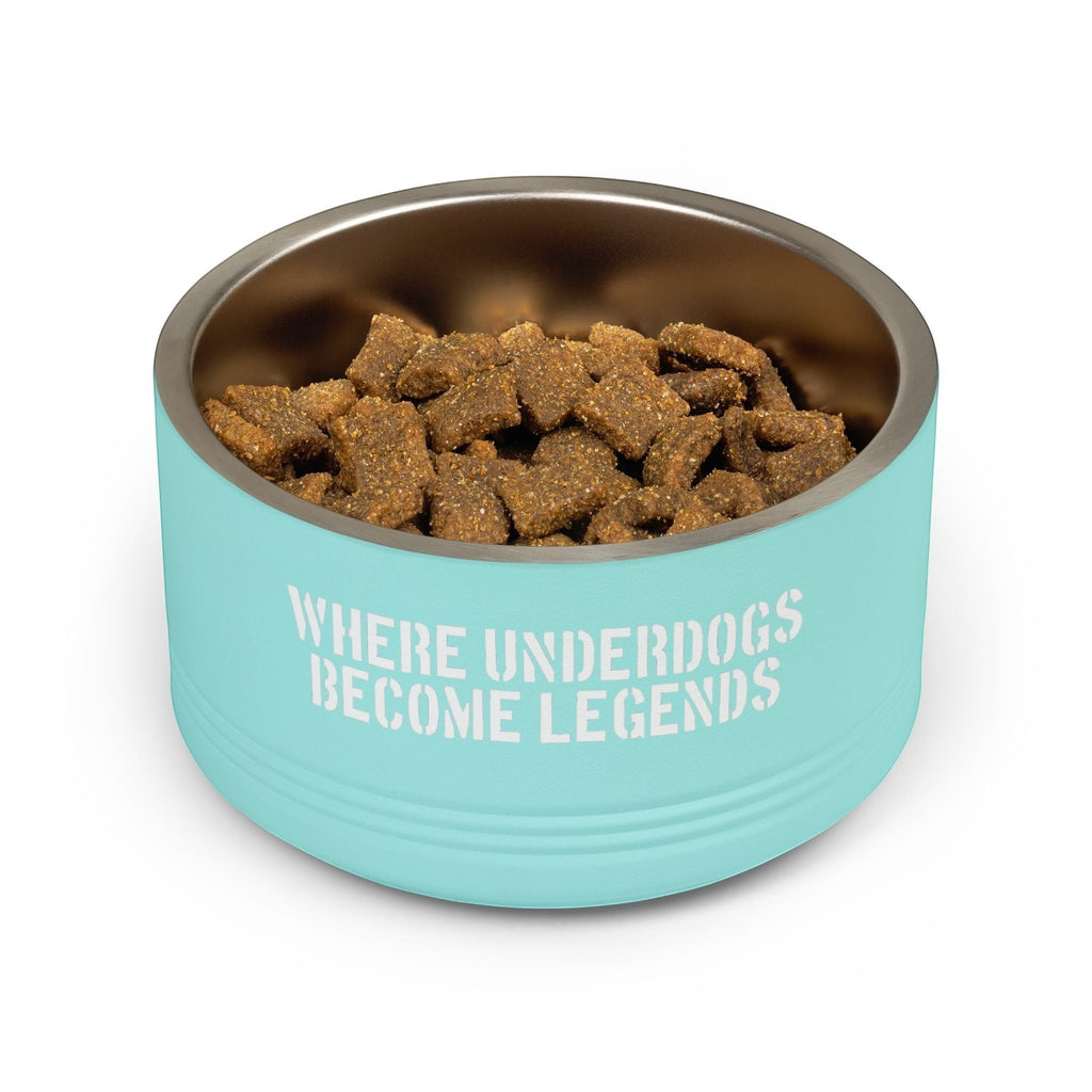 Ruff Part of Town light blue 18oz insulated stainless steel pet bowl with white graffiti text "WHERE UNDERDOGS BECOME LEGENDS" filled with dog food.