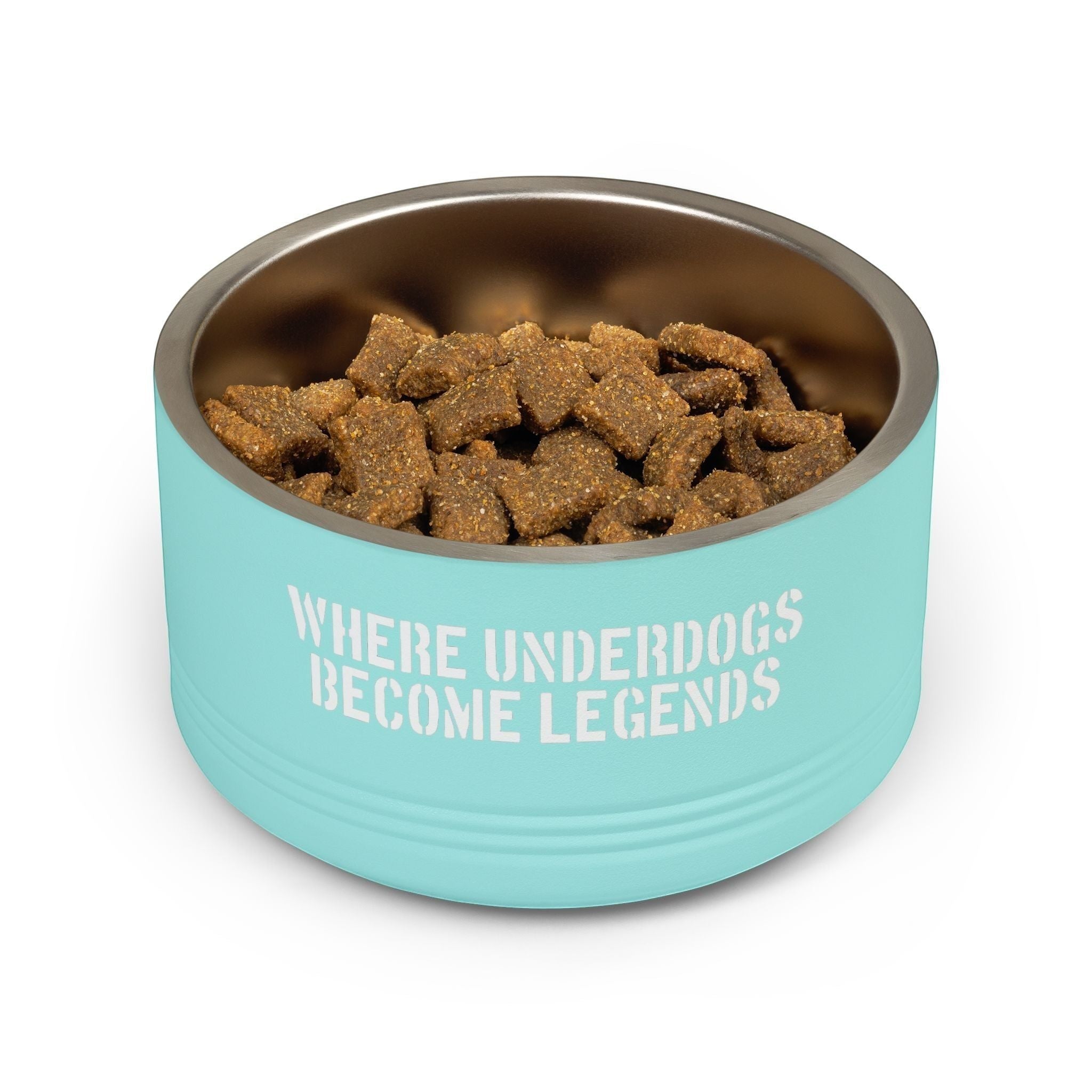 Ruff Part of Town light blue 18oz insulated stainless steel pet bowl with white graffiti text "WHERE UNDERDOGS BECOME LEGENDS" filled with dog food.
