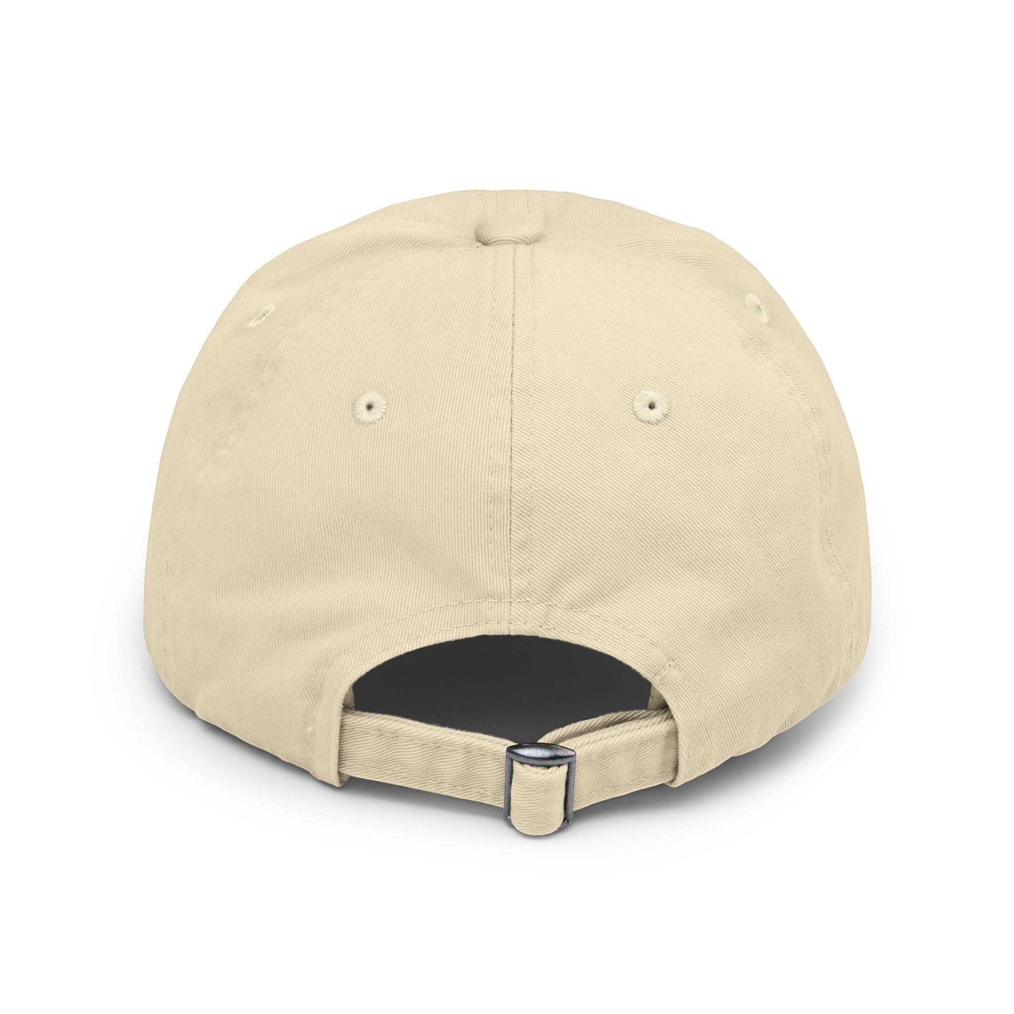 Ruff Part of Town distressed cream cotton twill baseball cap with adjustable strap and metal buckle.