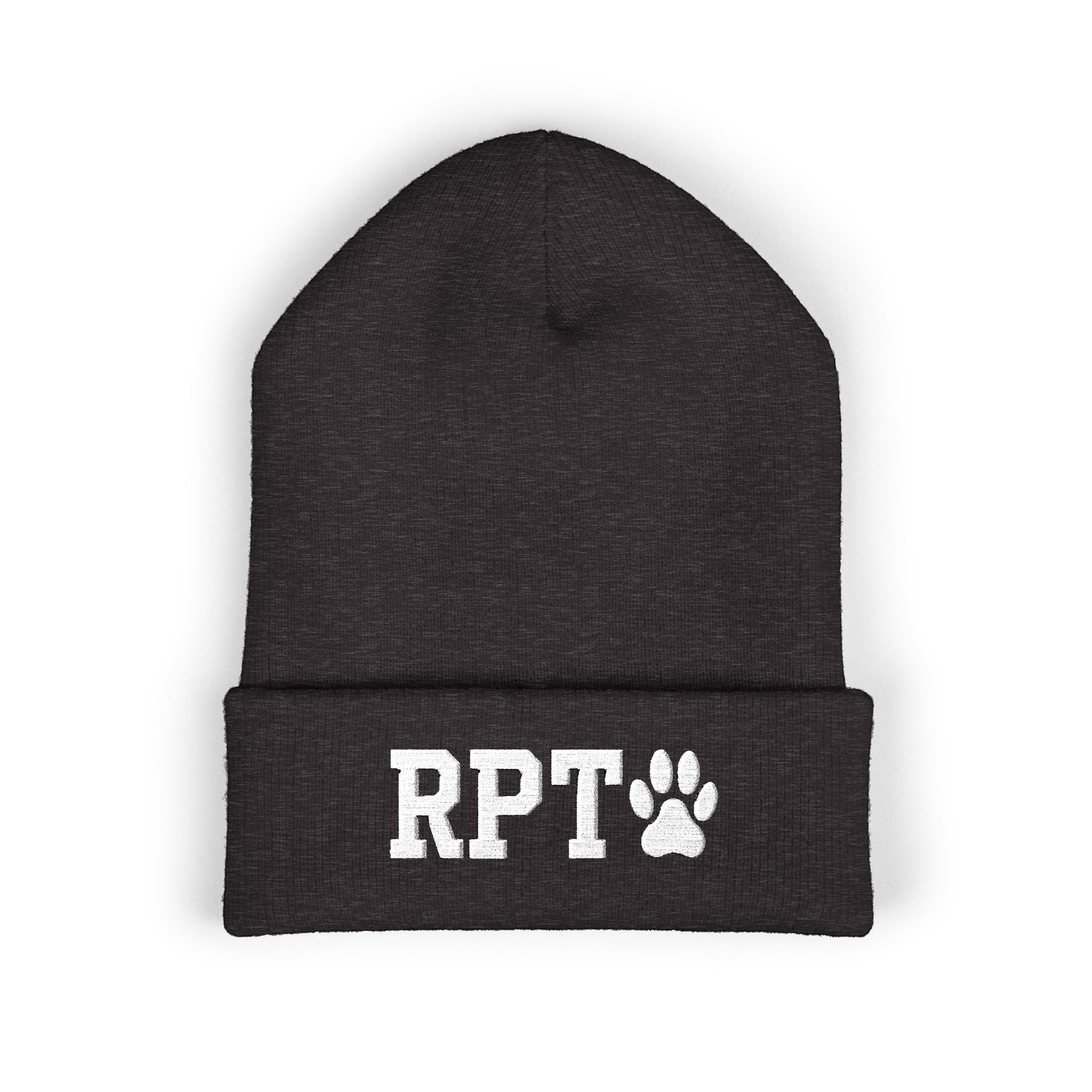 Ruff Part of Town dark grey cuffed acrylic beanie with white RPT paw embroidery. 12" cuff for extra warmth.