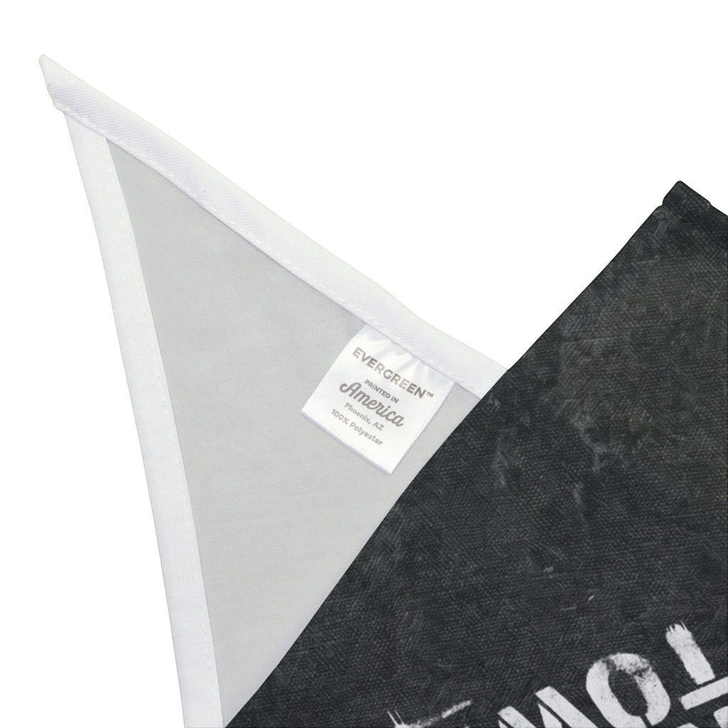 Ruff Part of Town distressed dog bandana in black with white stamped lettering. 100% polyester, quick-drying, and durable.