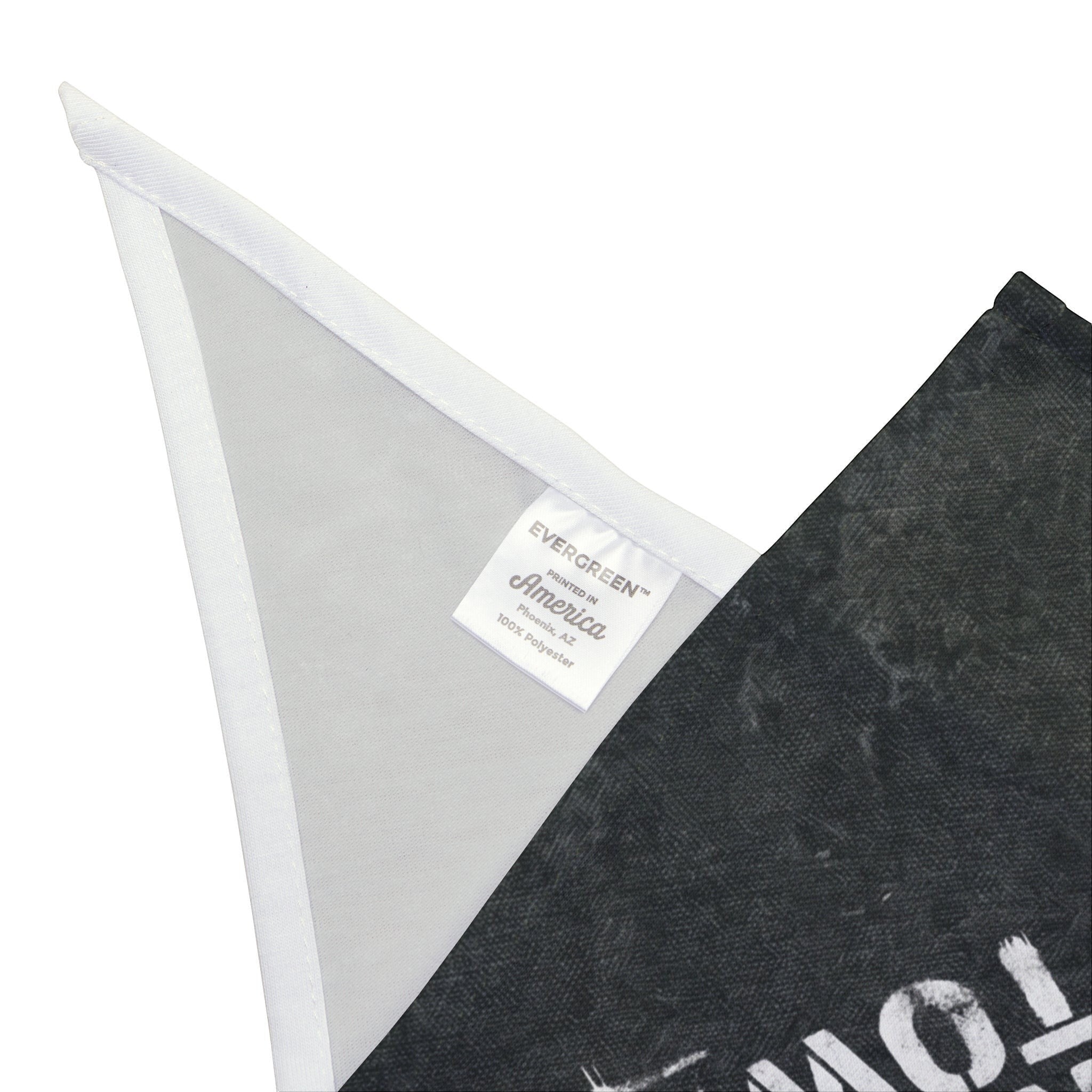 Ruff Part of Town distressed dog bandana in black with white stamped lettering. 100% polyester, quick-drying, and durable.