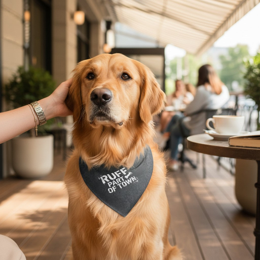 Ruff Part of Town dark grey distressed polyester dog bandana with "RUFF PART OF TOWN" text and bone graphic.