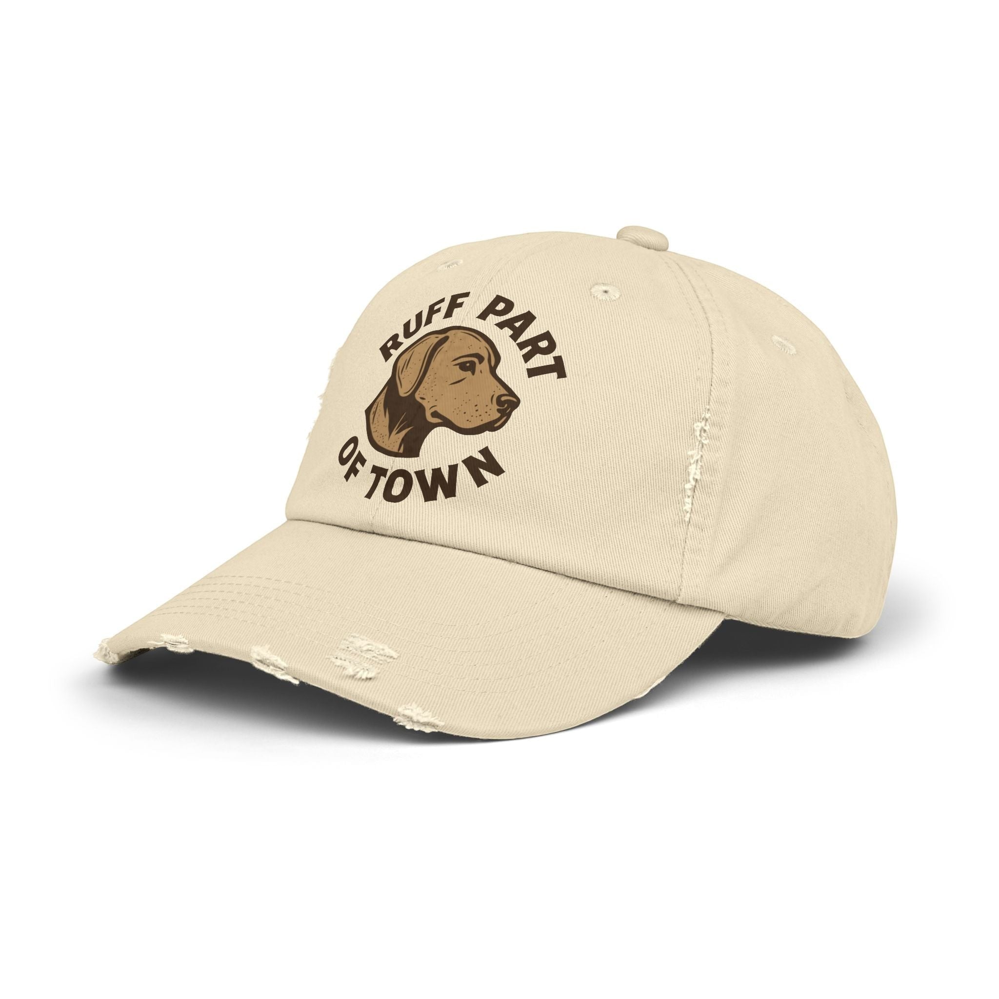 Ruff Part of Town distressed cream cotton twill baseball cap with embroidered dog graphic and text.