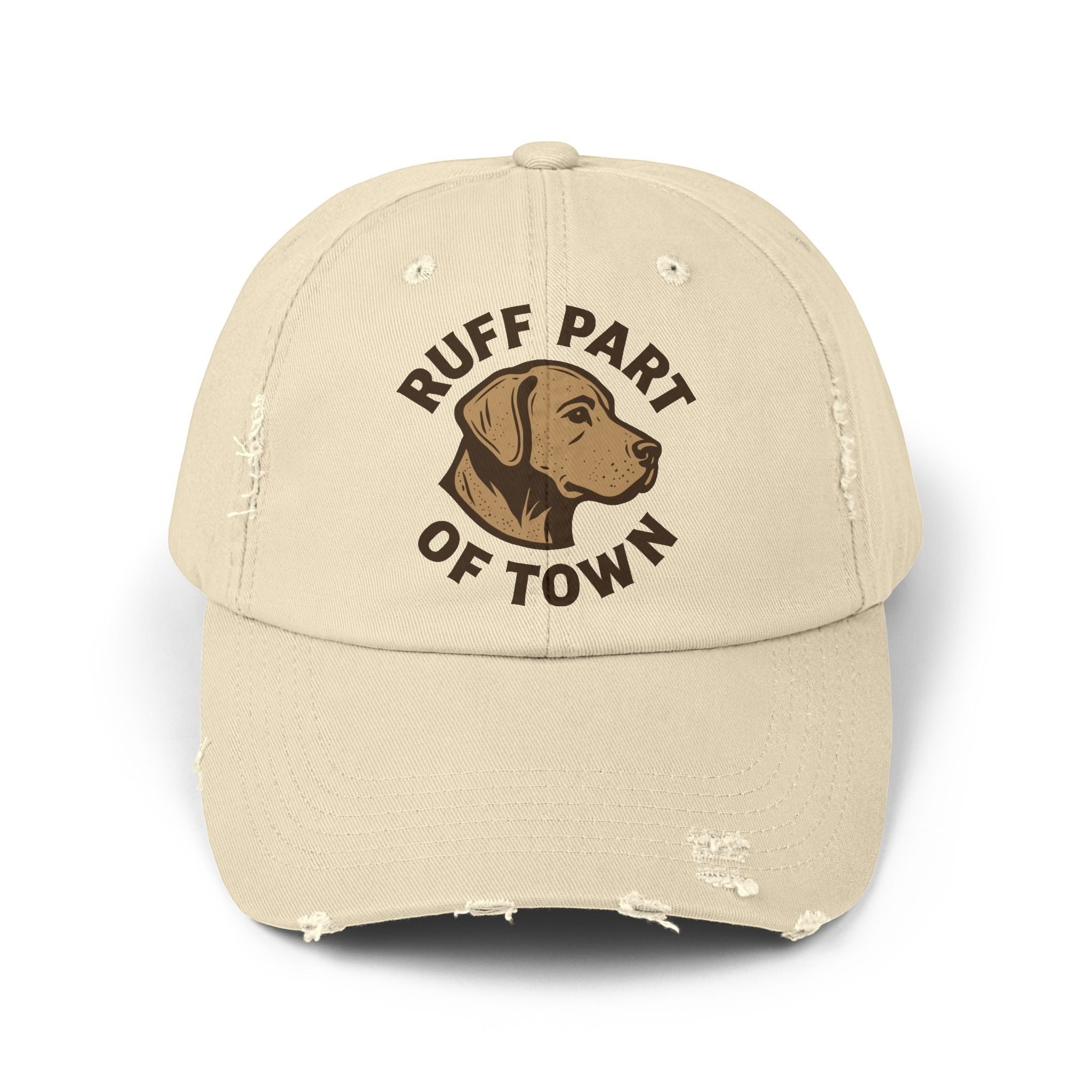 Ruff Part of Town distressed cream cotton twill baseball cap with embroidered dog graphic and text.