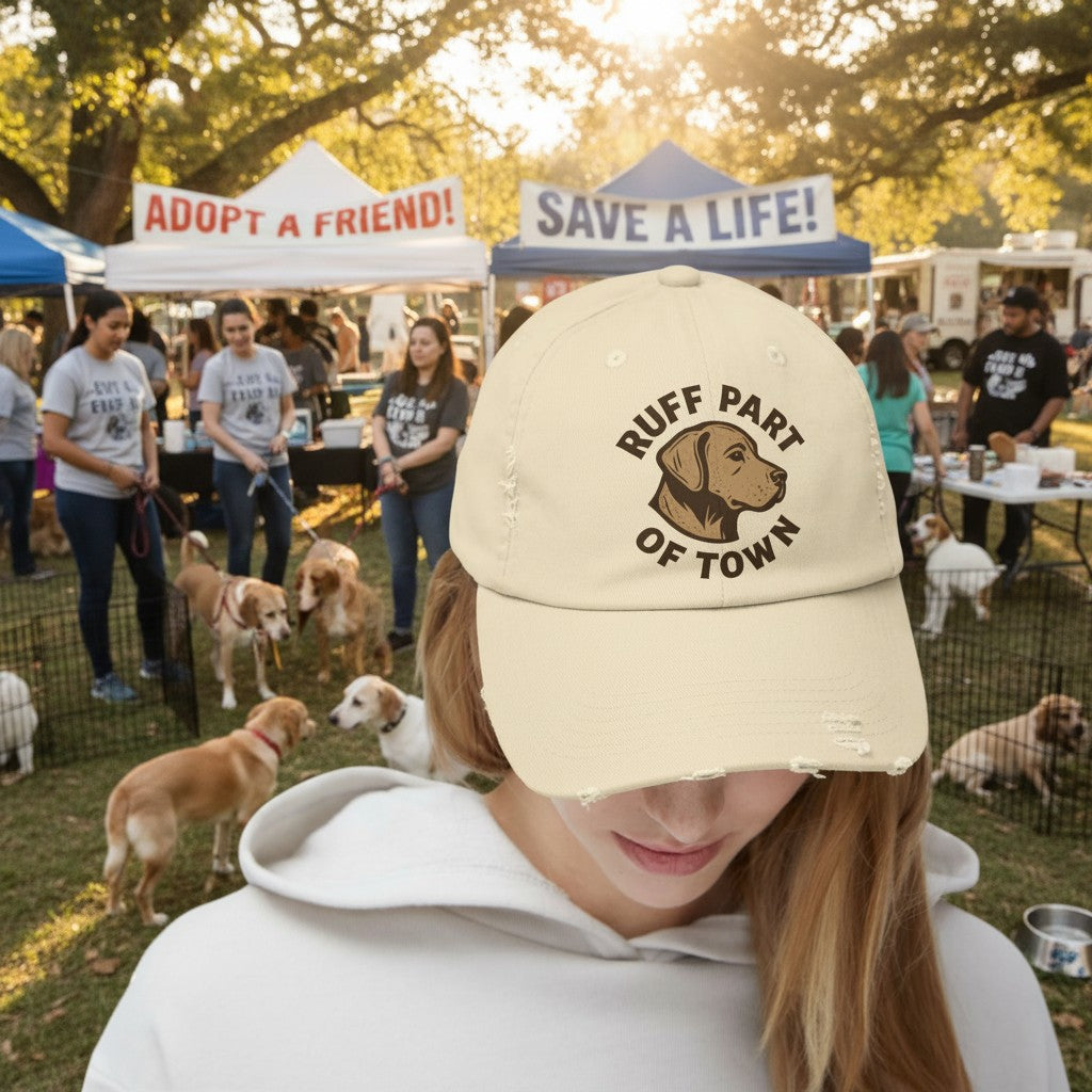 Ruff Part of Town distressed cream cotton twill baseball cap with embroidered dog graphic and text.